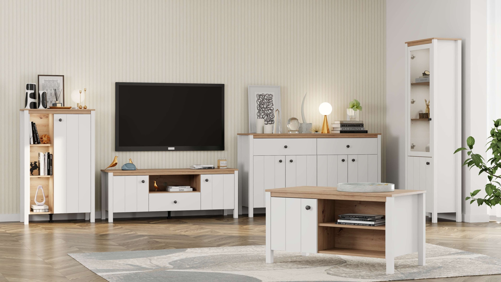 Home affaire Lowboard »BEDFORD, TV-Board, TV-Kommode, TV-Schrank, TV-Möbel im Landhausstil« MDF-Profil ummantelt, 2 Türen, 1 Schublade & 3 Fächer mit Metallgriff