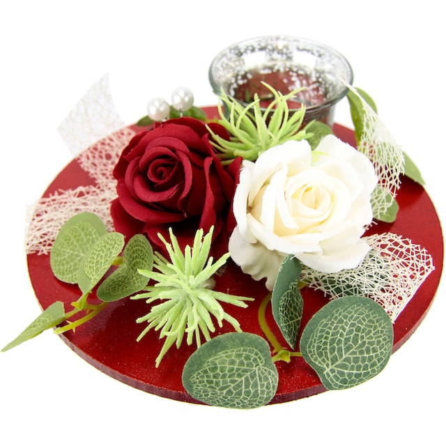 I.GE.A. Teelichthalter »Mit Glaseinsatz und Teelichtkerze, künstlichen  Rosen Eukalyptus«, (1 St.), Kerzenständer Kerzenhalter Tischdeko Kerzen  Muttertag Valentinstag bei OTTO