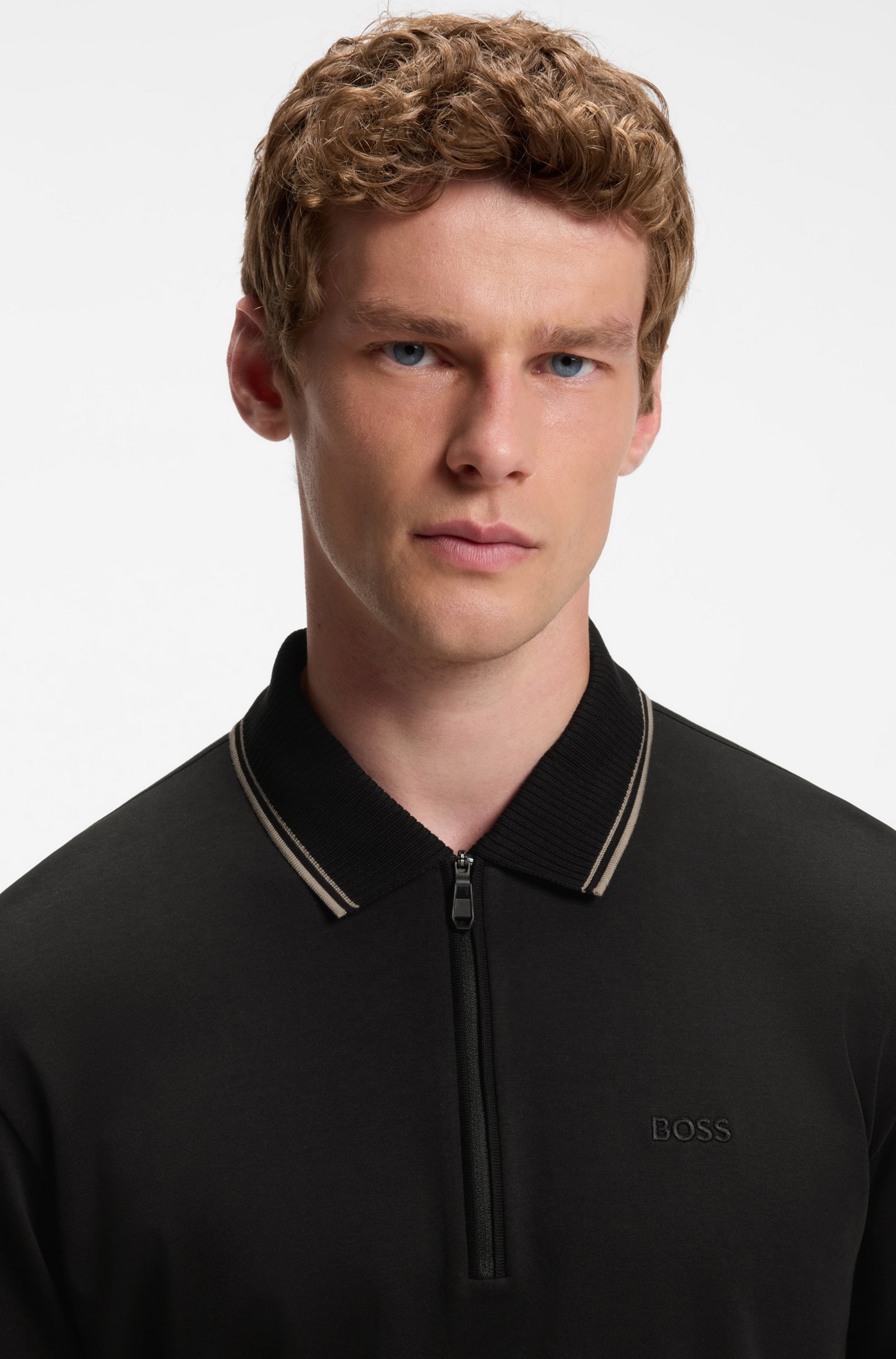 BOSS GREEN Langarm-Poloshirt »PL Cord Plisy« mit Reißverschluss, reine Baumwolle, Saum- und Ärmelbündchen