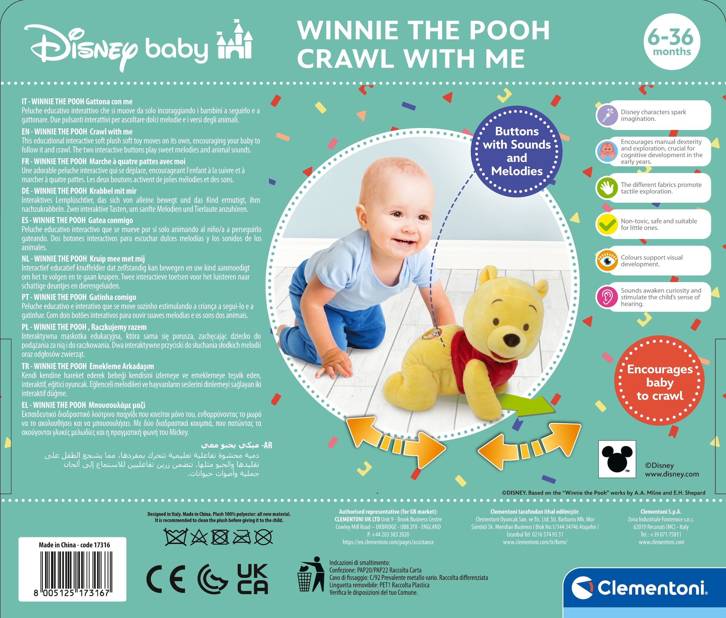 Clementoni® Plüschfigur »Baby Winnie Puuh - Krabbel mit mir« mit Tierlauten und Melodien