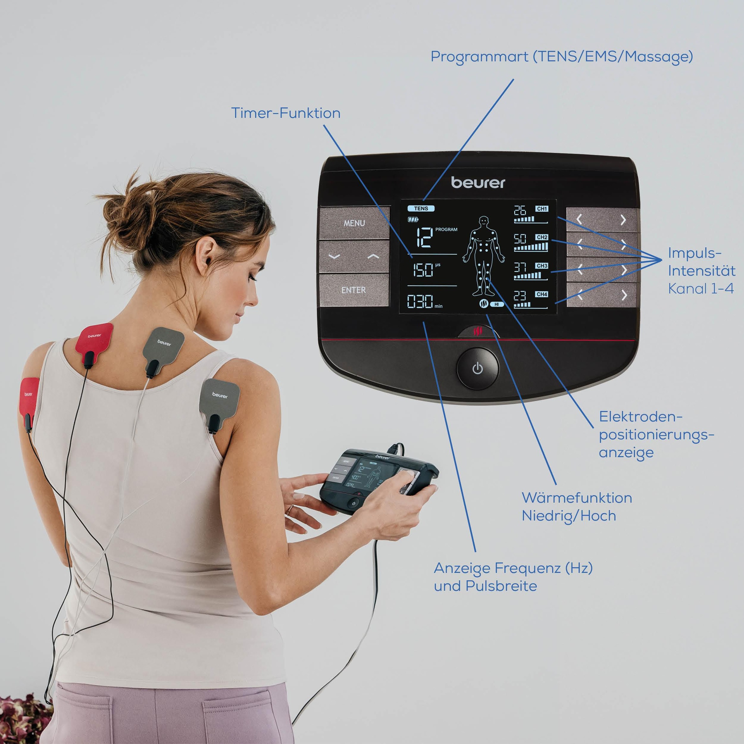 BEURER TENS-EMS-Gerät »EM 89 in 4-in-1 Funktion: TENS, EMS, Massage, Wärme«, (Inkl. 8 selbsthaftenden Gel-Pads), Mit 8 Elektroden für eine großflächige Anwendung auch am Rücken