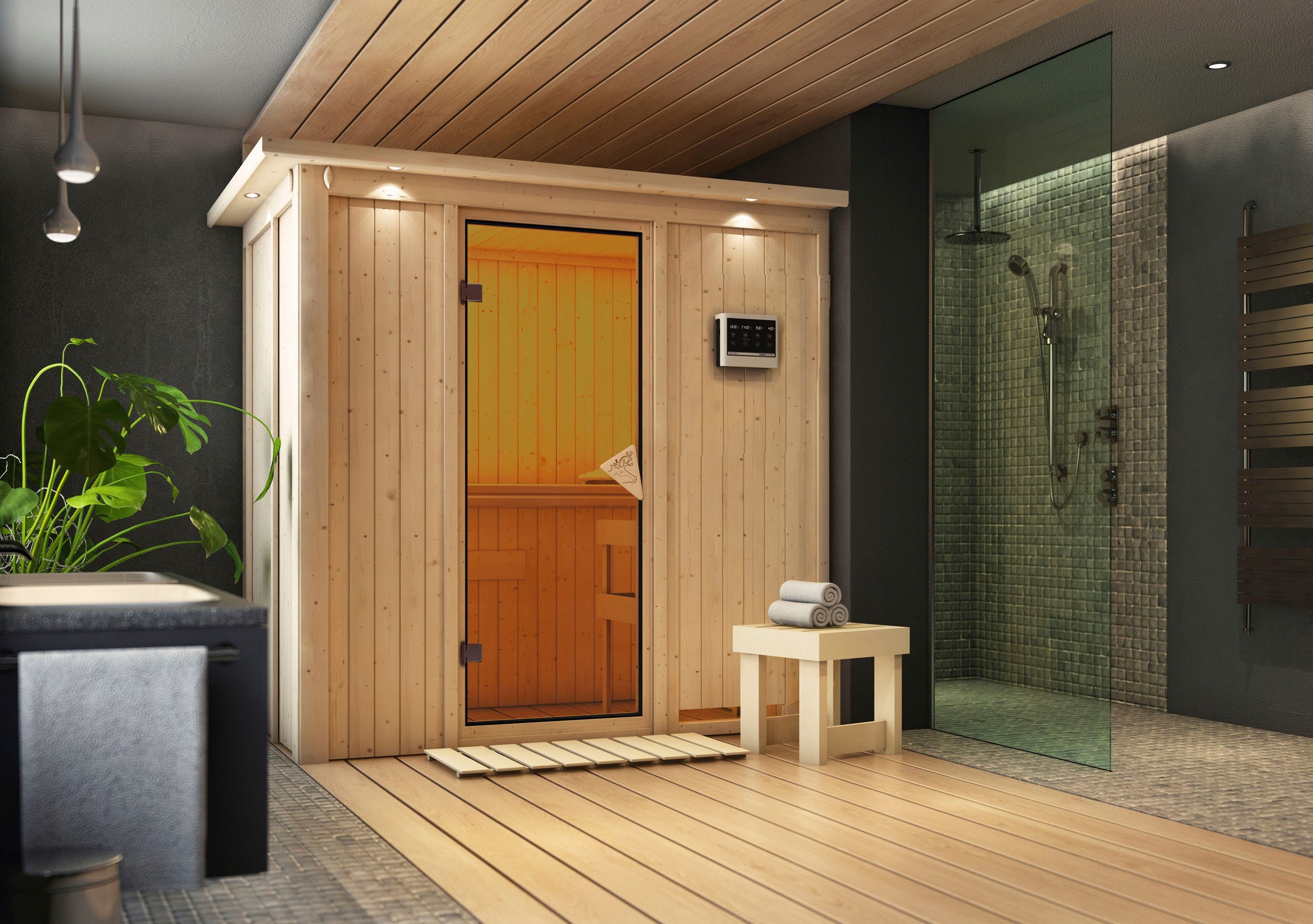 Karibu Sauna »Vada« Set,  Ofen 9 kW Bio externe Strg easy