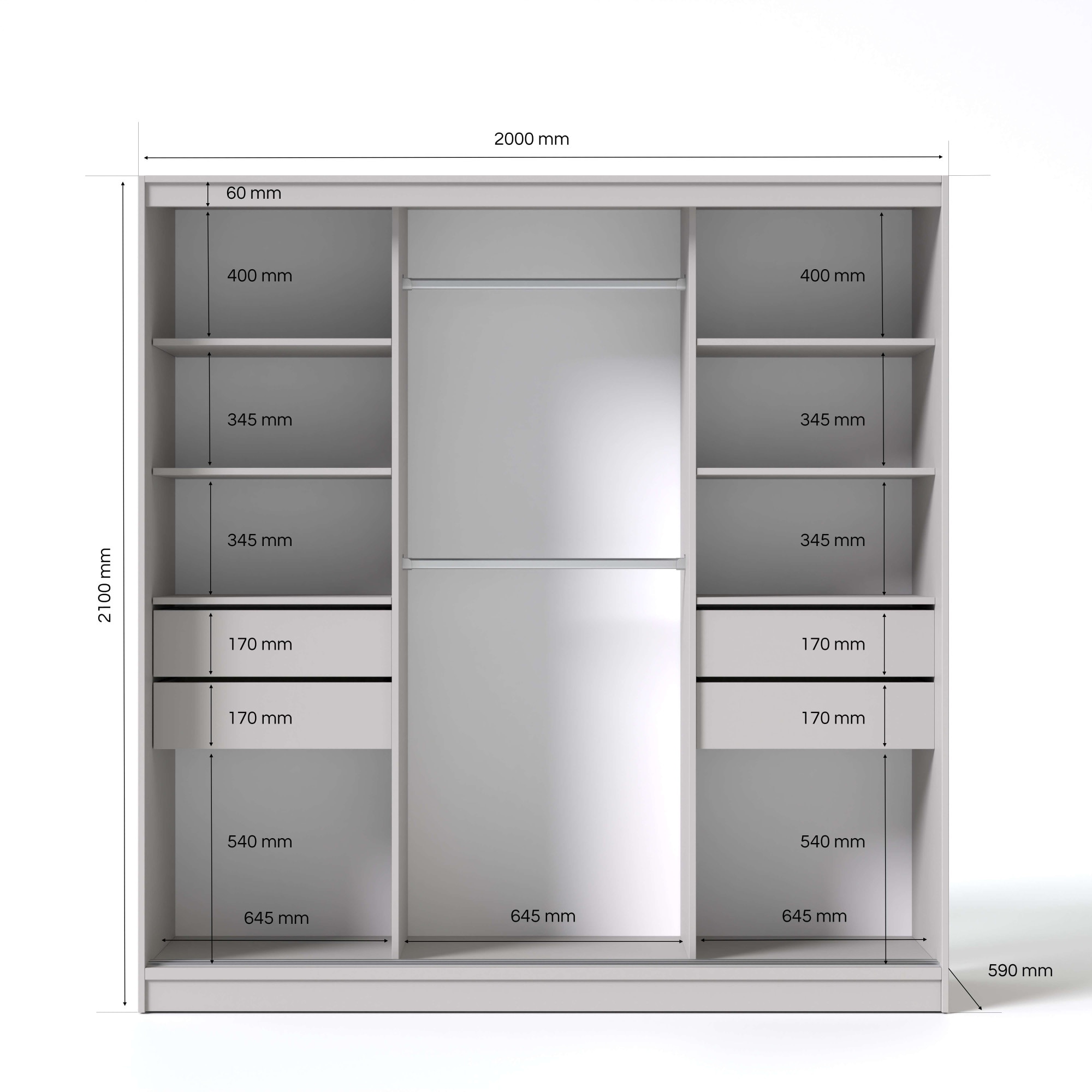 OTTO home Schwebetürenschrank »JORELLA, Premium Innenausstattung, maximaler Stauraum, Made in EU« H/B/T ca. 210/200/59 cm, 4 Schubladen, 2 Kleiderstangen, 8 Fächer,  3 Türen, schwarze Kontraste, Spiegel, modernes Design