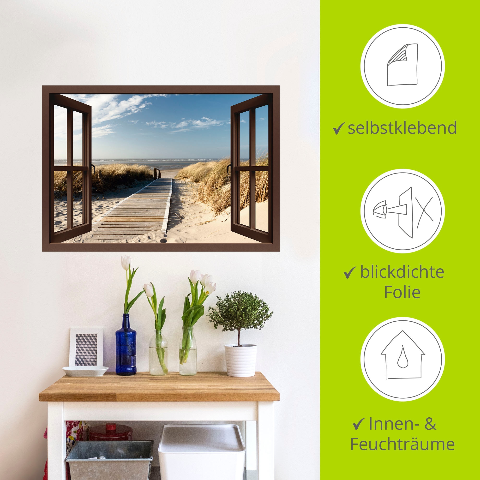 Artland Wandbild »Fensterblick Nordseestrand auf Langeoog«, Fensterblick, (1 St.), als Leinwandbild, Poster, Wandaufkleber in verschied. Größen