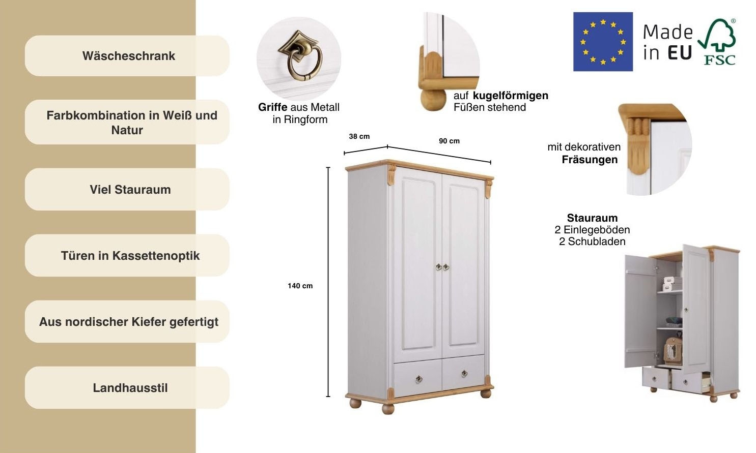 Home affaire Wäscheschrank »Tessin«, (2 Breiten: 90/128 cm H/T ca. 140/38 cm), aus massiver Kiefer, in 2 Breiten, viel Stauraum, FSC zertifiziert