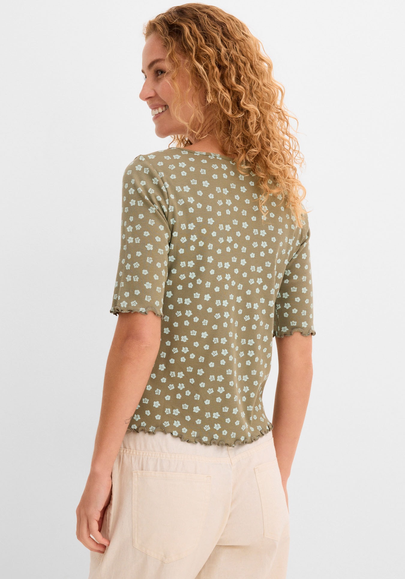 bonprix T-Shirt »Ripp-Shirt mit Blumendruck, Halbarm« bequeme Passform, Halbarm-Design, mit Blumendruck, aus Baumwolle