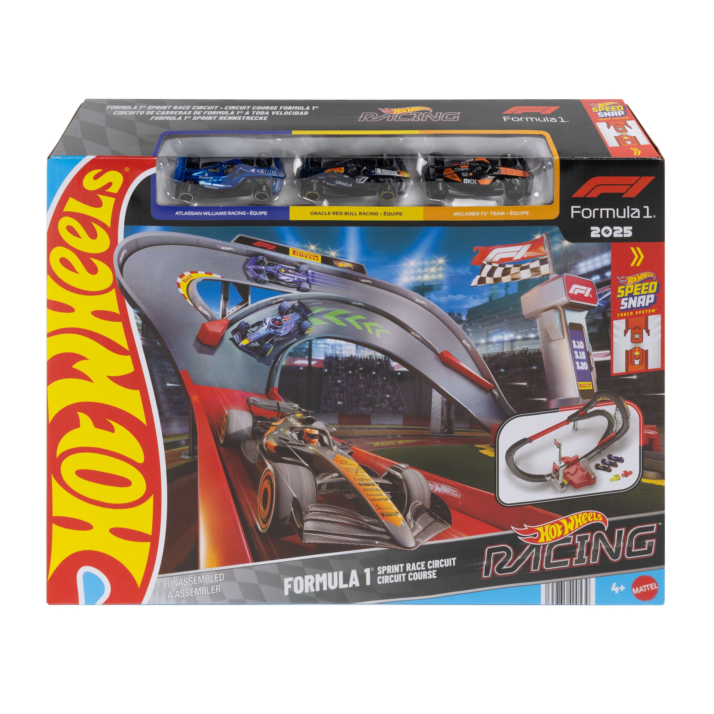Hot Wheels Autorennbahn »Racing Formel-1-Rennstrecke-Trackset« mit 3 Die-Cast-Spielzeugautos im Maßstab 1:64