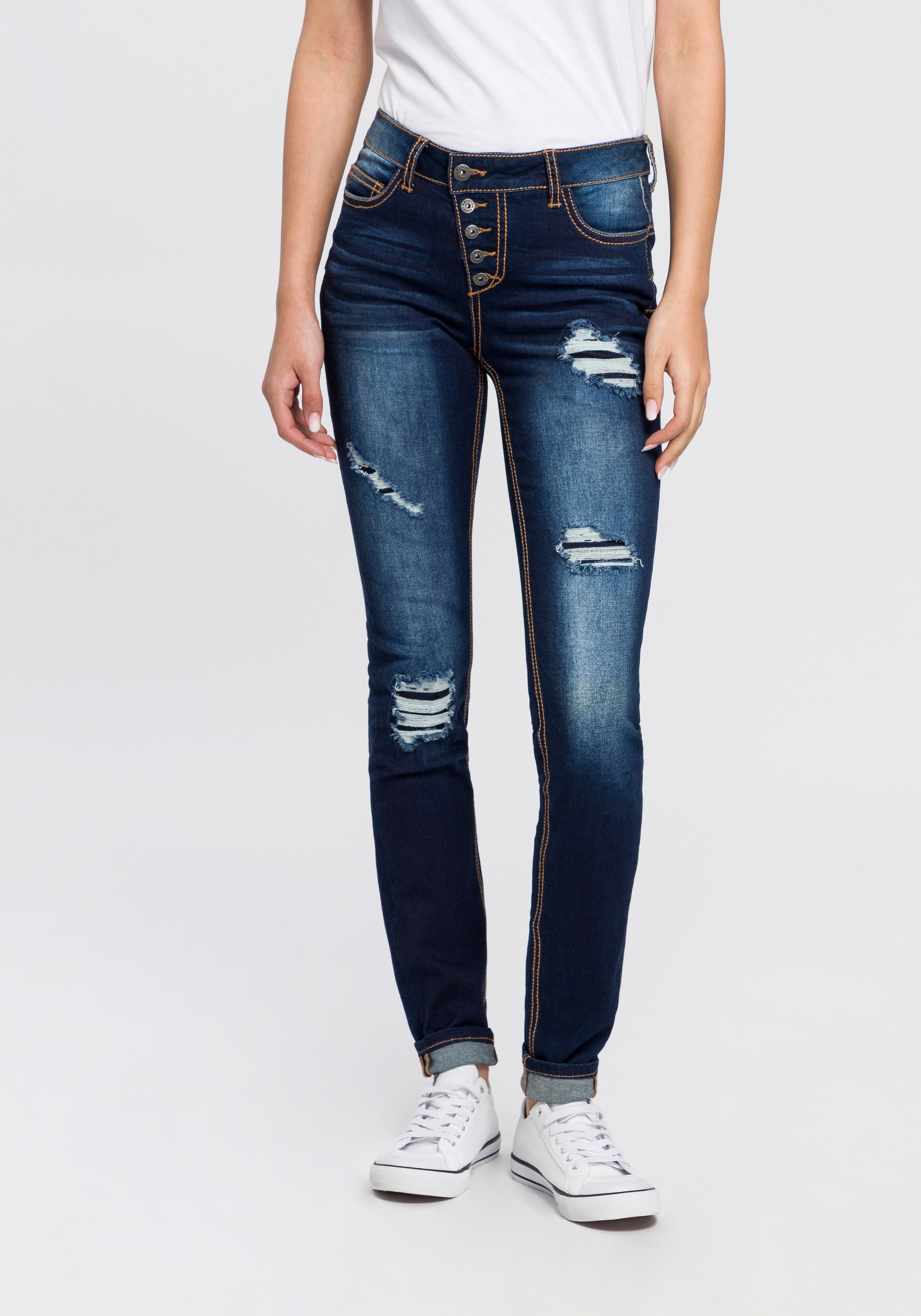 Arizona Slim-fit-Jeans »mit sichtbarer, schräger Knopfleiste«, Mid Waist