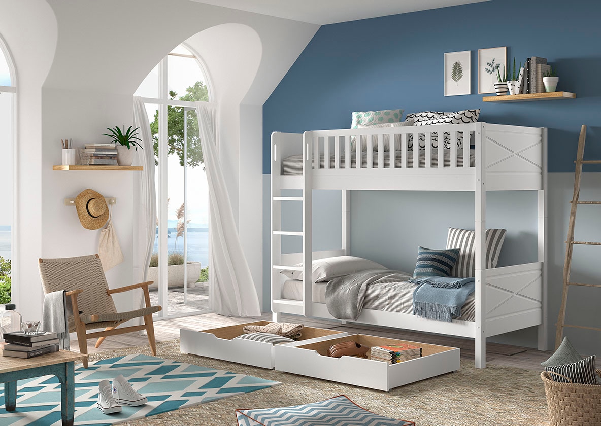 Vipack Etagenbett »Scott, Kiefer massiv, stabil gebaut, Made in Europe, Landhaus-Optik«, (B/H/T ca. 208x175x105cm, inkl. Rolllattenroste, Leiter, Absturzschutz), wahlweise mit 2 kleinen oder 1 großen Bettschublade auf Rollen