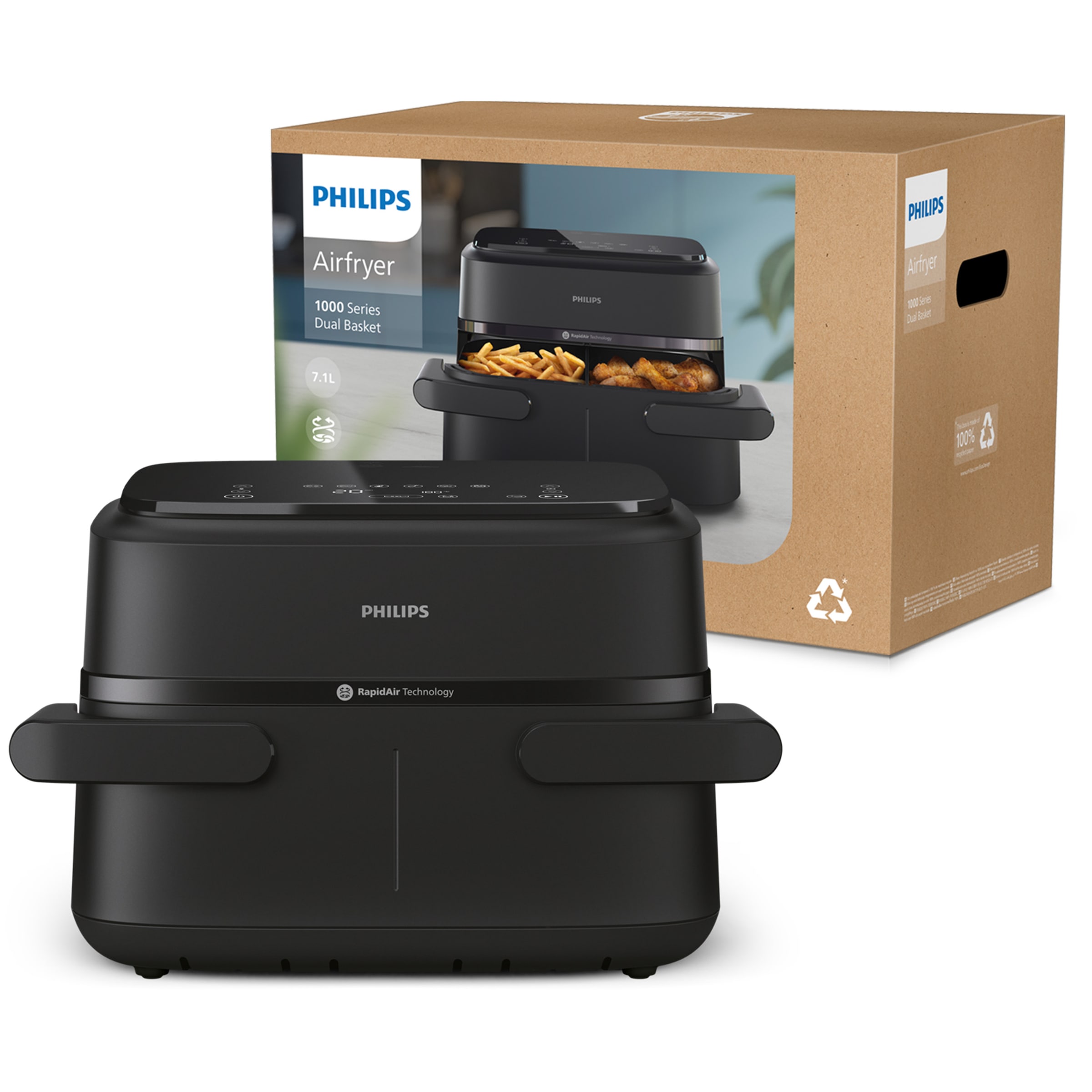Philips Heißluftfritteuse »Airfryer 1000 Flexible Basket NA150/00, zwei Körbe mit 7.1L«, 2450 W, RapidAir Technologie und 10 Kochfunktionen; Schwarz
