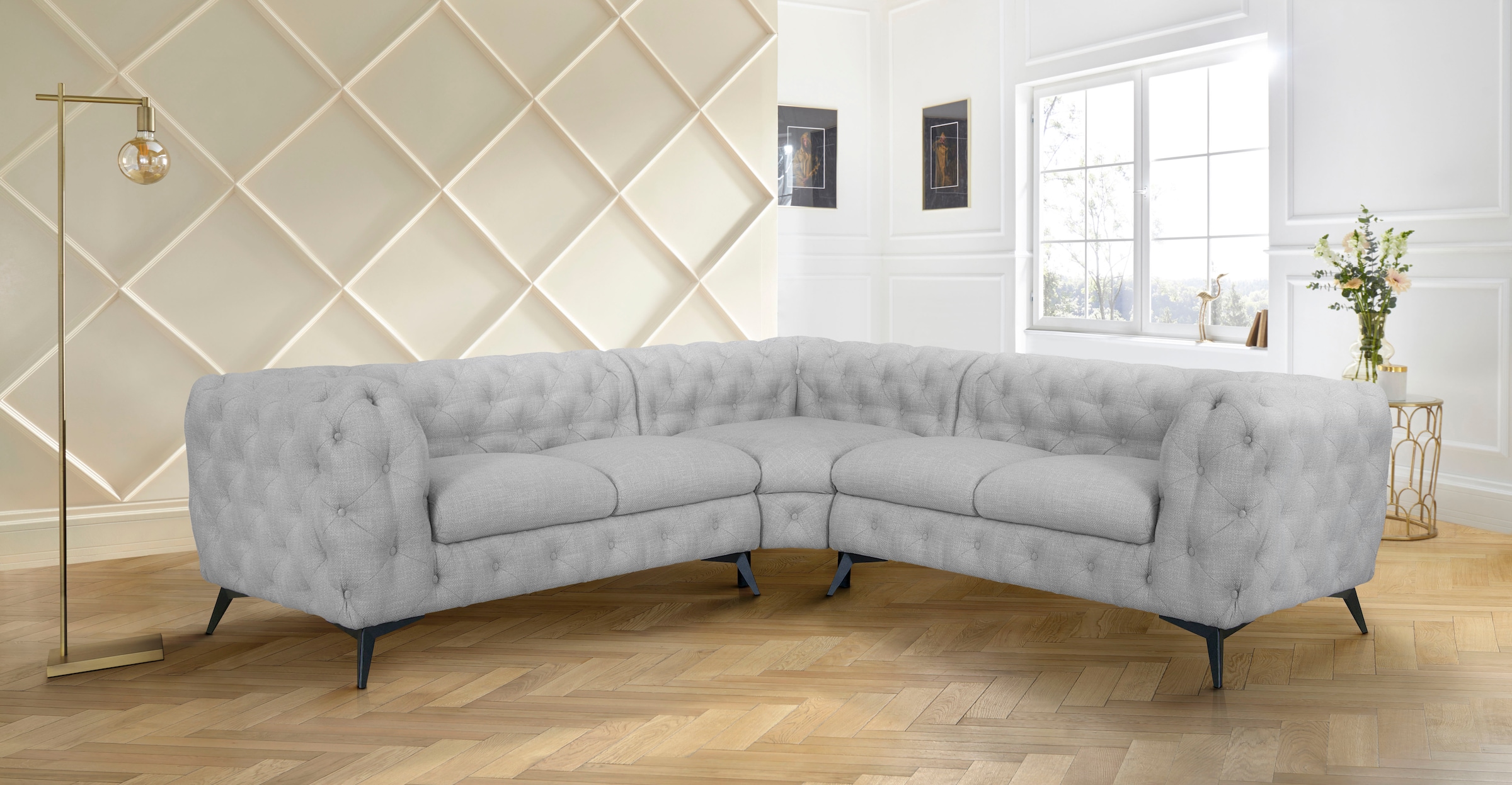 Leonique Chesterfield-Sofa »Ecksofa GLYNIS L-Form mit Wellenunterfederung, Maße B/T/H 264/264/75cm«, aufwändige Knopfheftung, moderne Chesterfield Optik, Fußfarbe wählbar