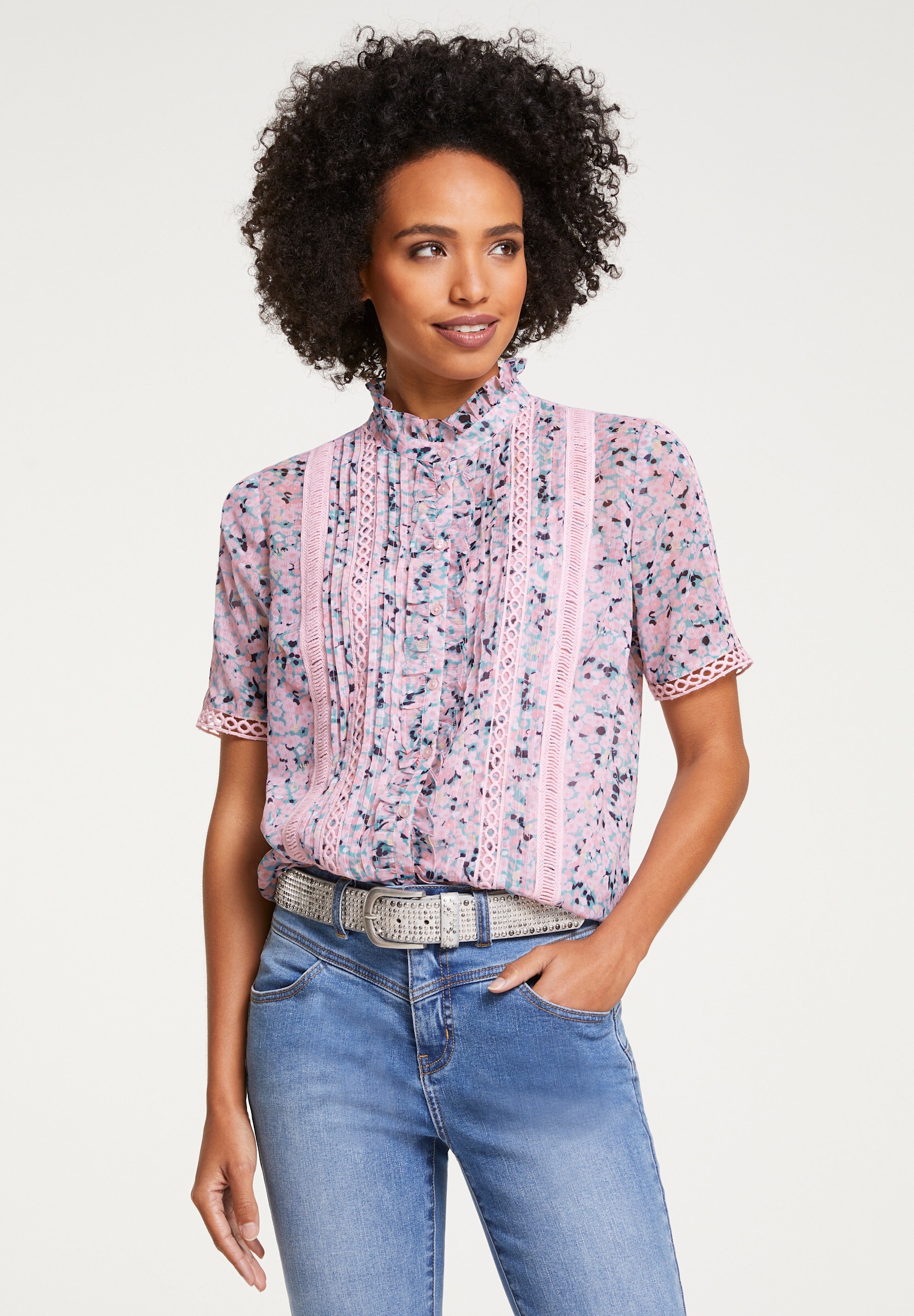 heine Rüschenbluse »Druckbluse Kurzarm-Bluse mit Rüschen-Verzierung«