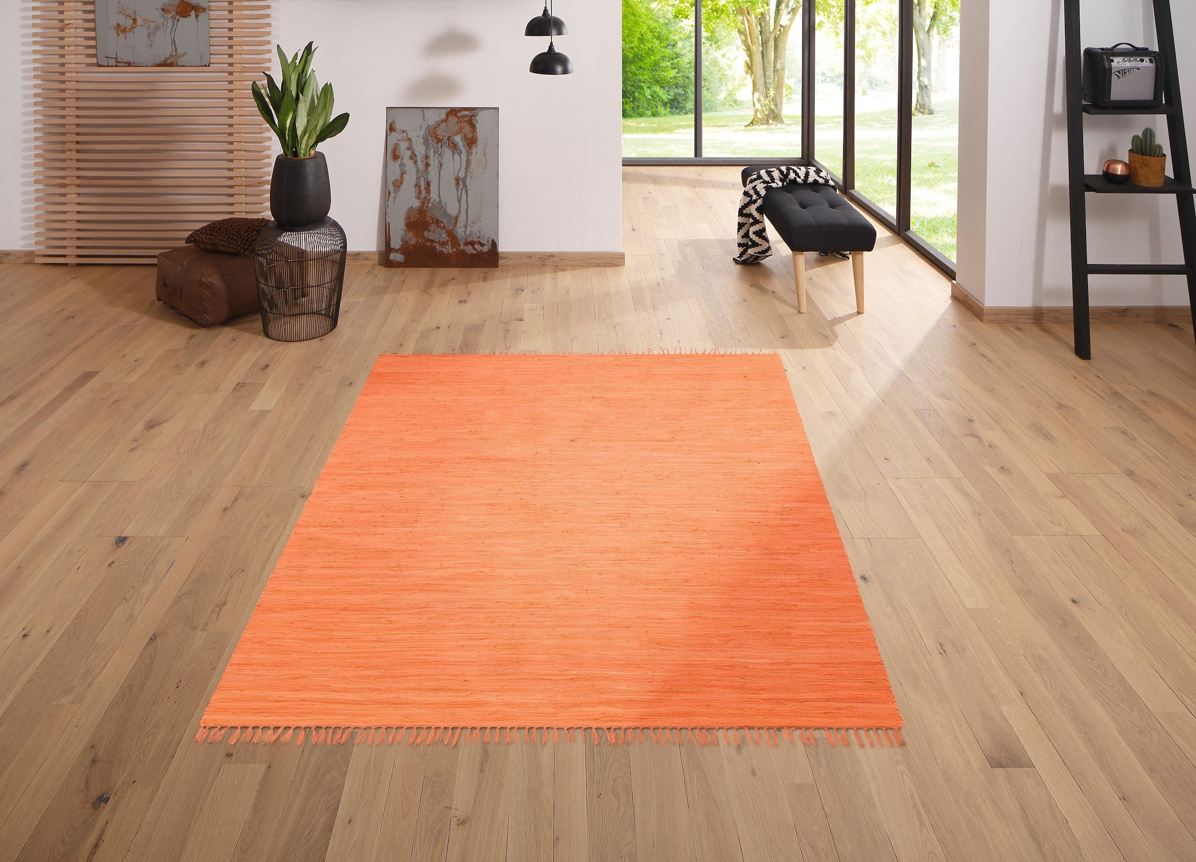 my home Teppich »Ares« rechteckig 5 mm Höhe Uni Farben, handgewebt, mit Fransen, reine Baumwolle, waschbar, Läufer