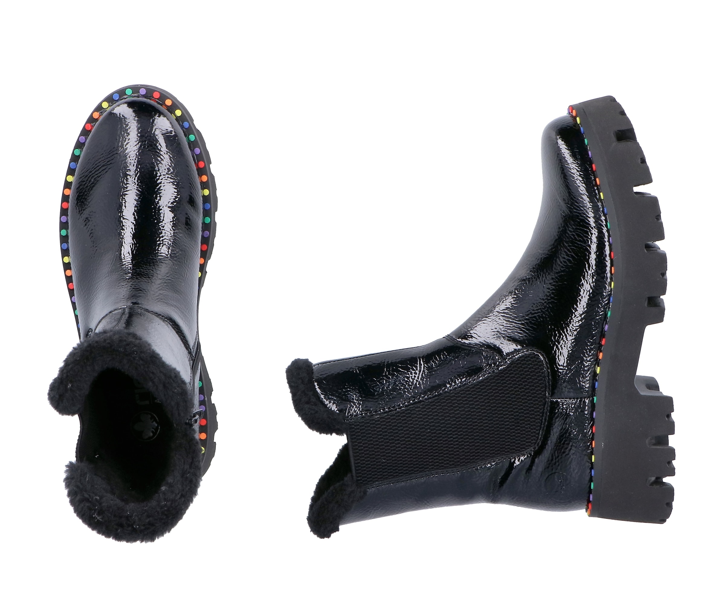 Rieker Winterstiefelette  Plateauboots, Winterboots, Lack-Stiefelette mit buntem Sohlenrand