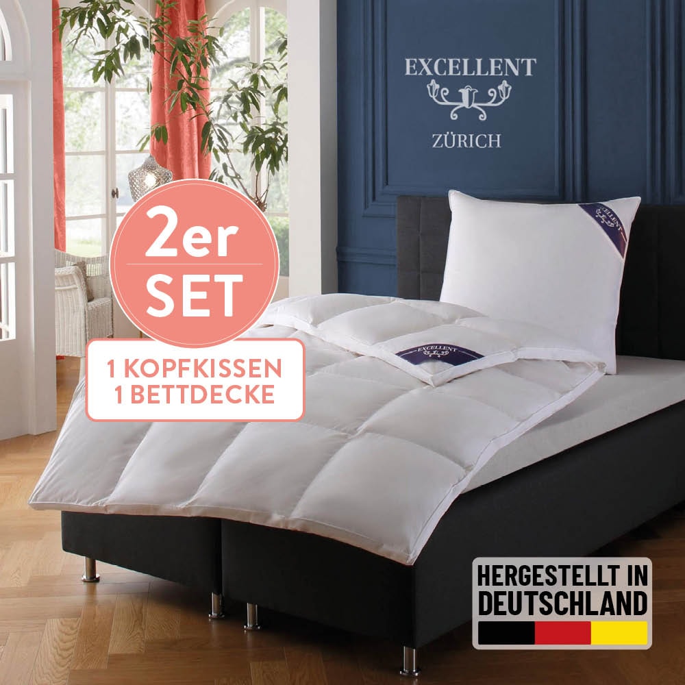 Excellent Daunenbettdecke + 3-Kammer-Kopfkissen »Bettdecken-Set Zürich, Bettdecke 135x200 & 155x220 cm«, (Spar-Set), Bettdecke 100% Daunen für Winter, Sommer, Kissen mit 90% Daunen