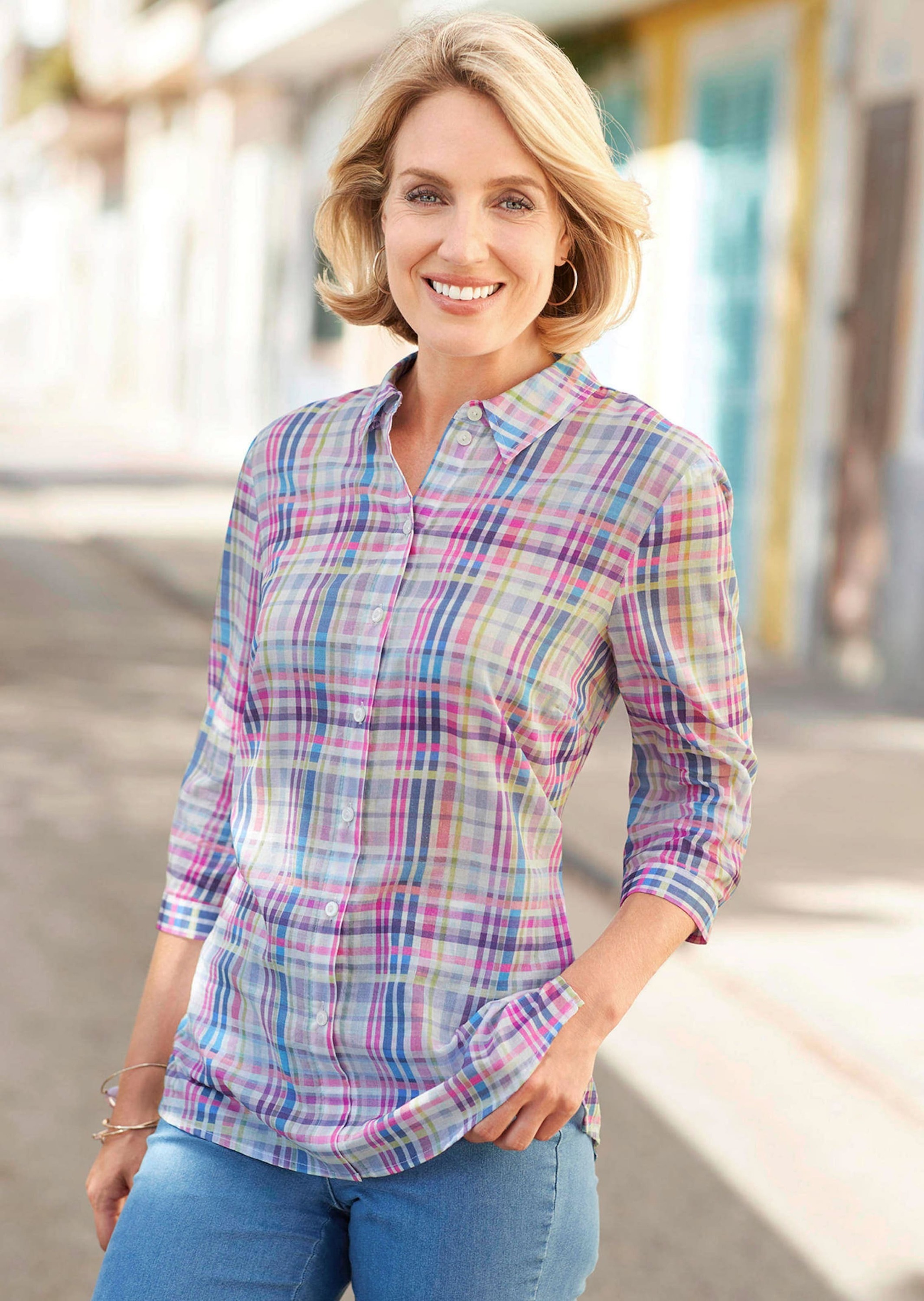 GOLDNER Hemdbluse »Kurzgröße Feminine Hemdkragenbluse im Karodessin« Digitaldruck