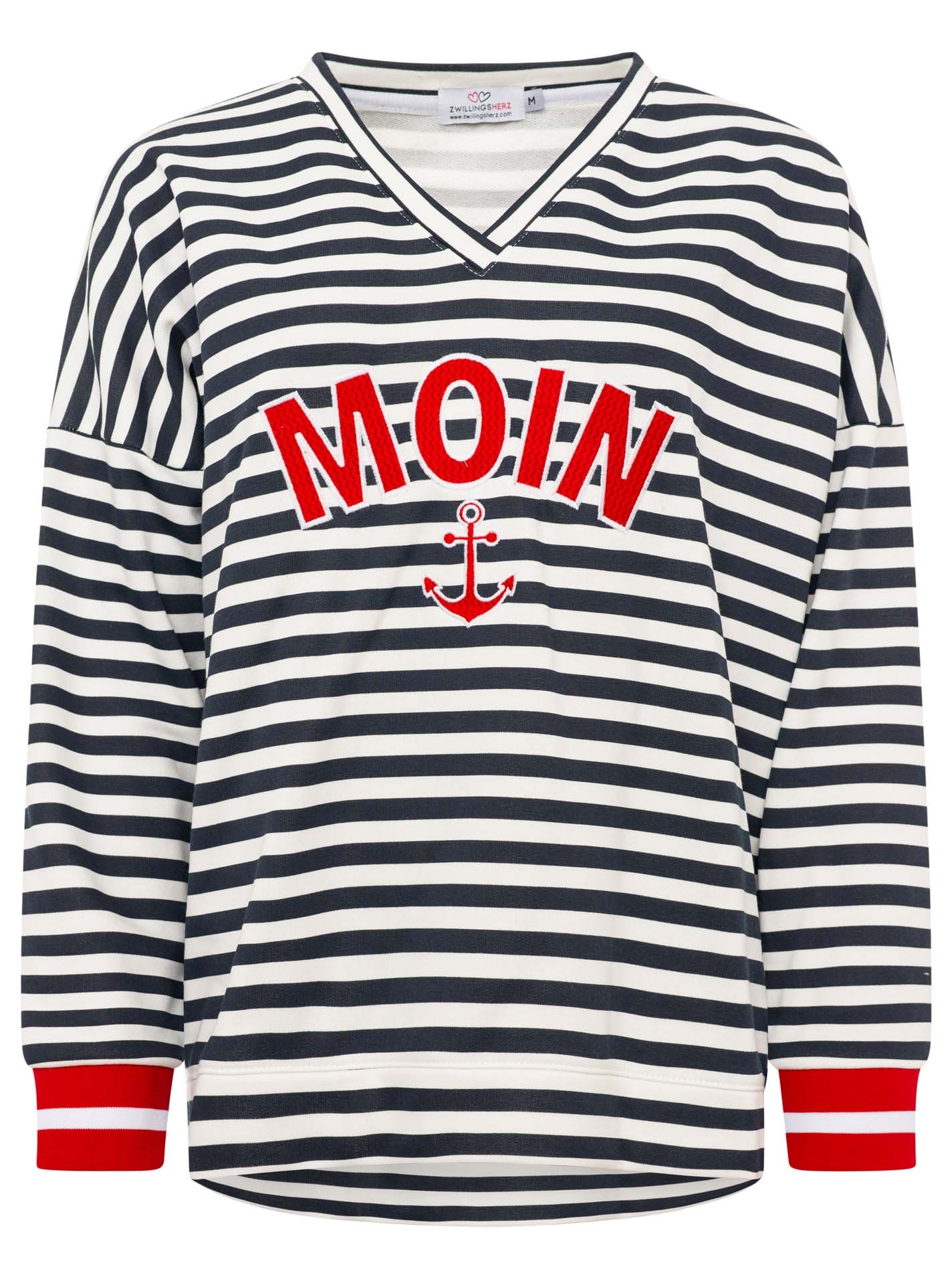 Zwillingsherz Hoodie »"Streifen Moin"«, V-Neck, gestreift, Stickerei mit Anker, gestreifte Bündchen
