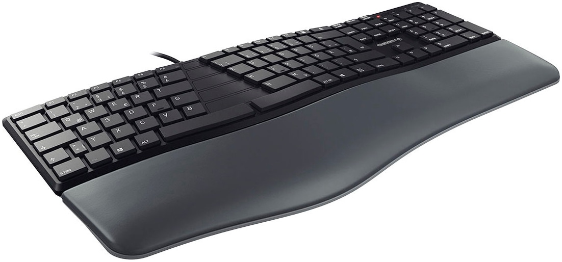 Cherry Tastatur »KC 4500 ERGO Kabelgebundene Ergonomische Tastatur, Schwarz, USB« (Fn-Tasten | Funktionstasten | Handgelenkauflage | Lautstärkeregler | Multimedia-Tasten | Ziffernblock | ergonomische Form | verstellbare Füße)