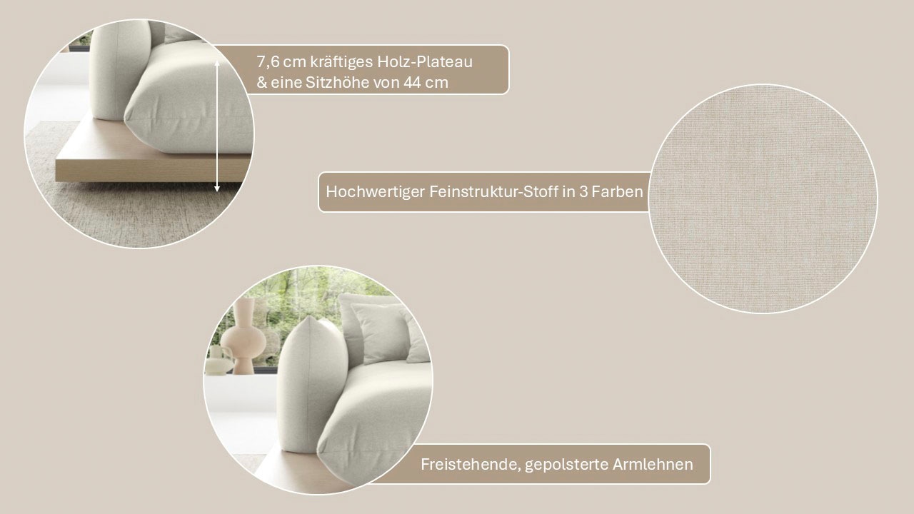 OTTO home Ecksofa »Kalix, Polsterecke mit kräftigem Holz-Plateau, moderne Couch in L-Form« wahlweise Recamiere links o. rechts, Strukturstoff, hoher Sitzkomfort