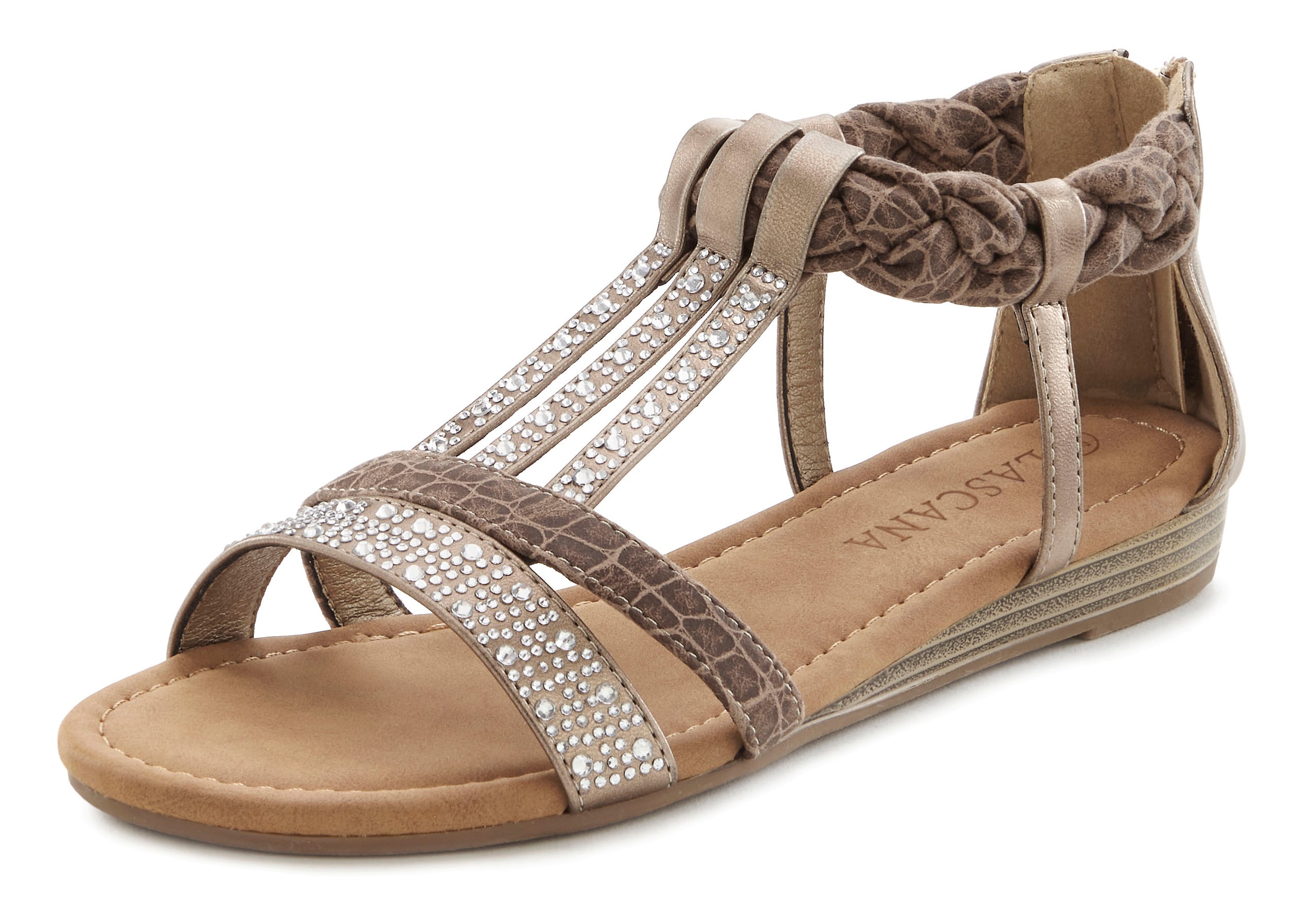 LASCANA Sandale »Sommerschuh«, mit Glitzersteinen, kleiner Keilabsatz, Sandalette, Sommerschuh VEGAN
