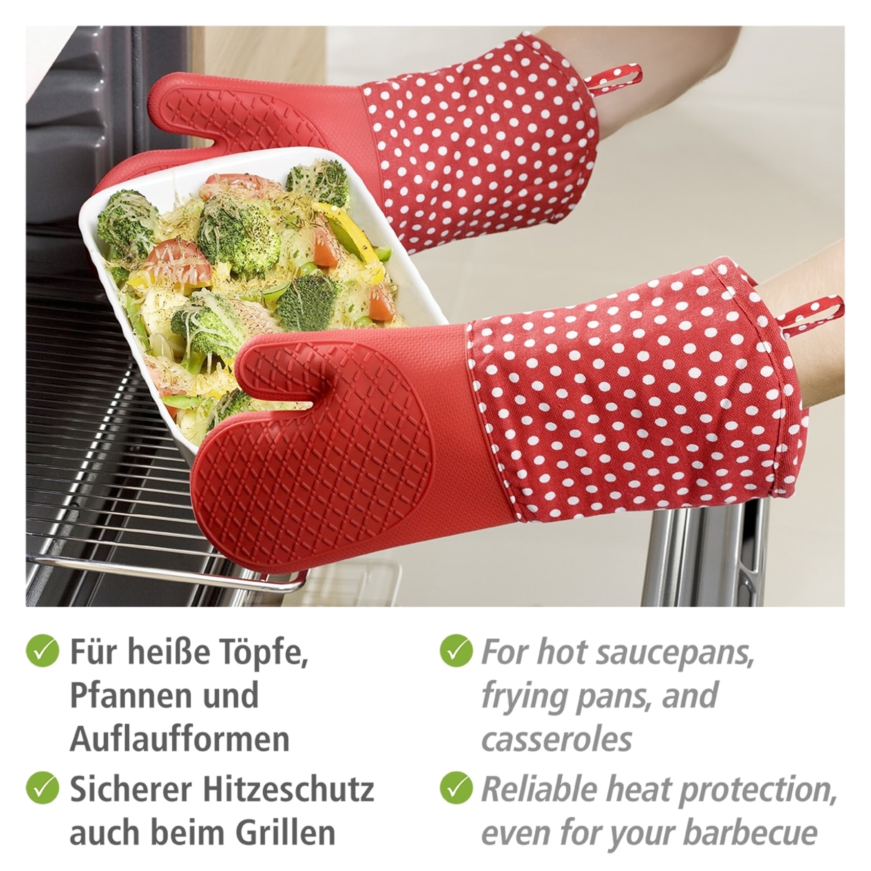 WENKO Topfhandschuhe »Modell Silikon«, (Set, 2 tlg.), Ofen- und Grillhandschuhe, Hitzeschutz, Baumwollinnenseite, 1 Paar