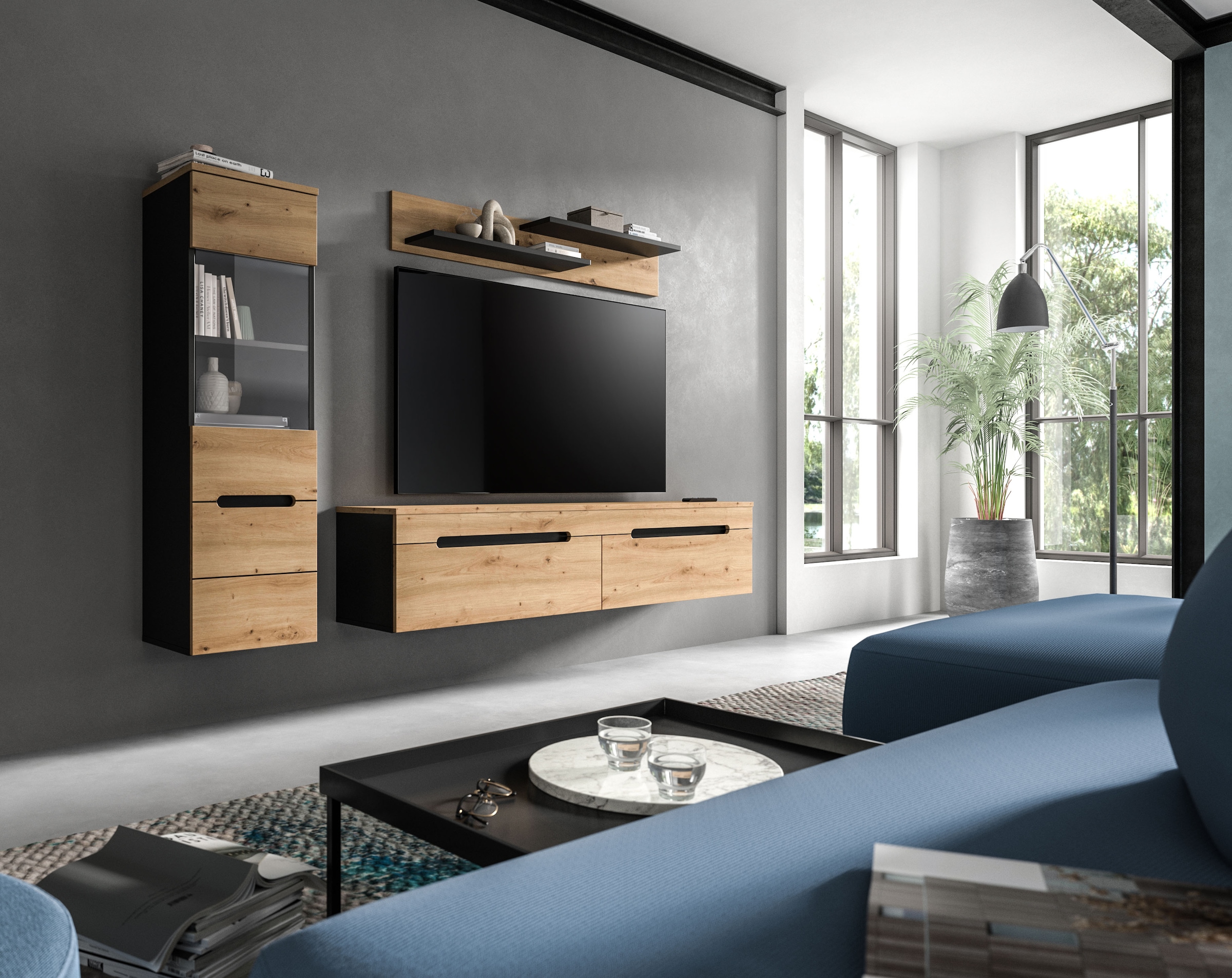 INOSIGN Wohnwand »REHAT, TOPSELLER!, 3-teilig, wahlweise stehend und hängend montierbar« Set bestehend aus: Vitrine, Lowboard und Wandboard, 2 Stk. tlg.