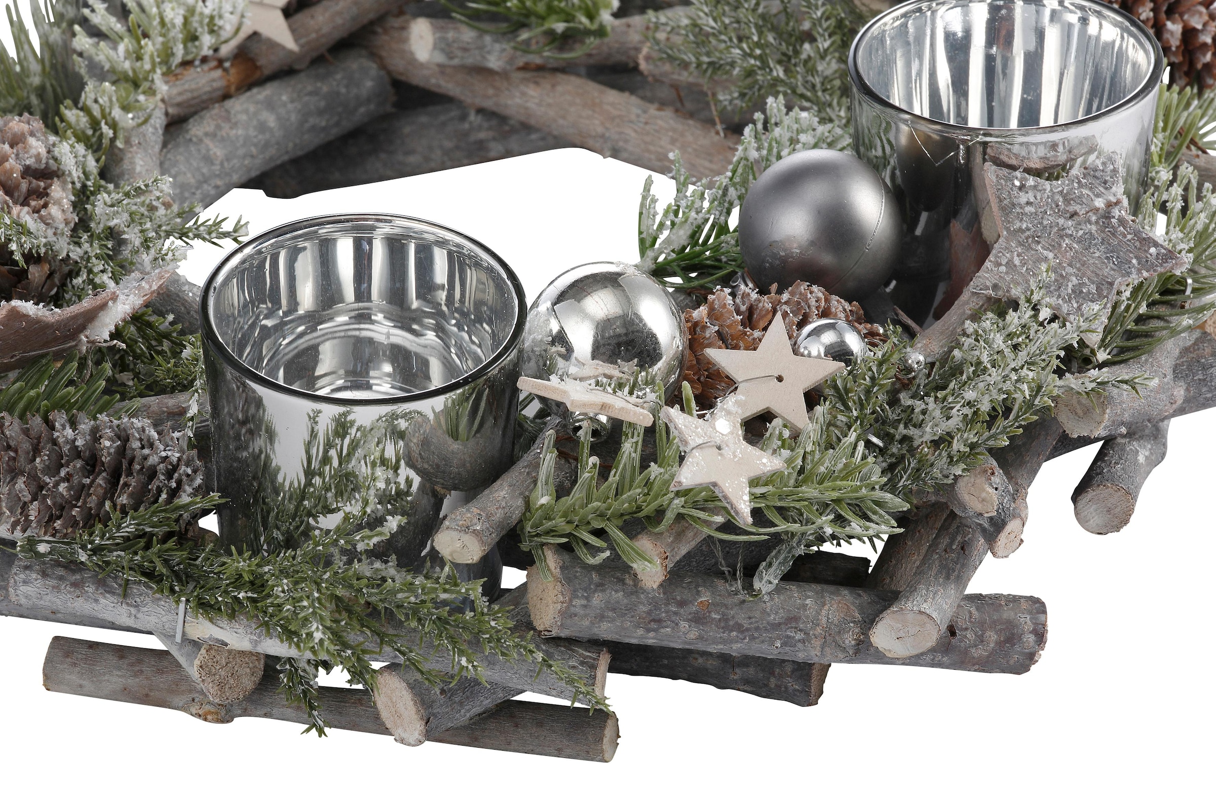 Home affaire Adventskranz »Weihnachtsdeko aus Echtholz, mit Kunstschnee und Glitter«, Kerzenhalter für 4 Teelichter, Ø 30 cm