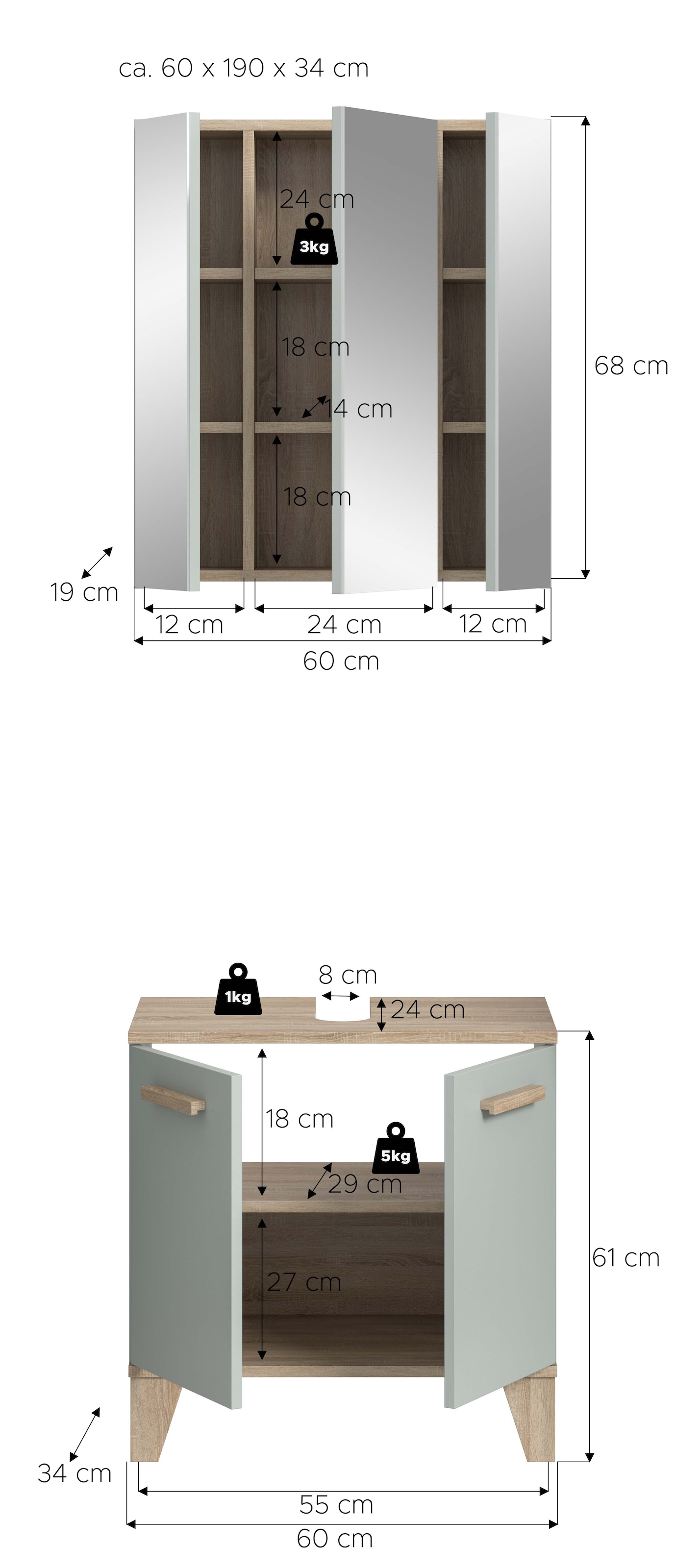 welltime Badmöbel-Set »MINTTU, 2-teilige moderne Badkombination im SCANDI-Look« bestehend aus: Waschbeckenunterschrank & Spiegelschrank, 2 Stk. tlg.