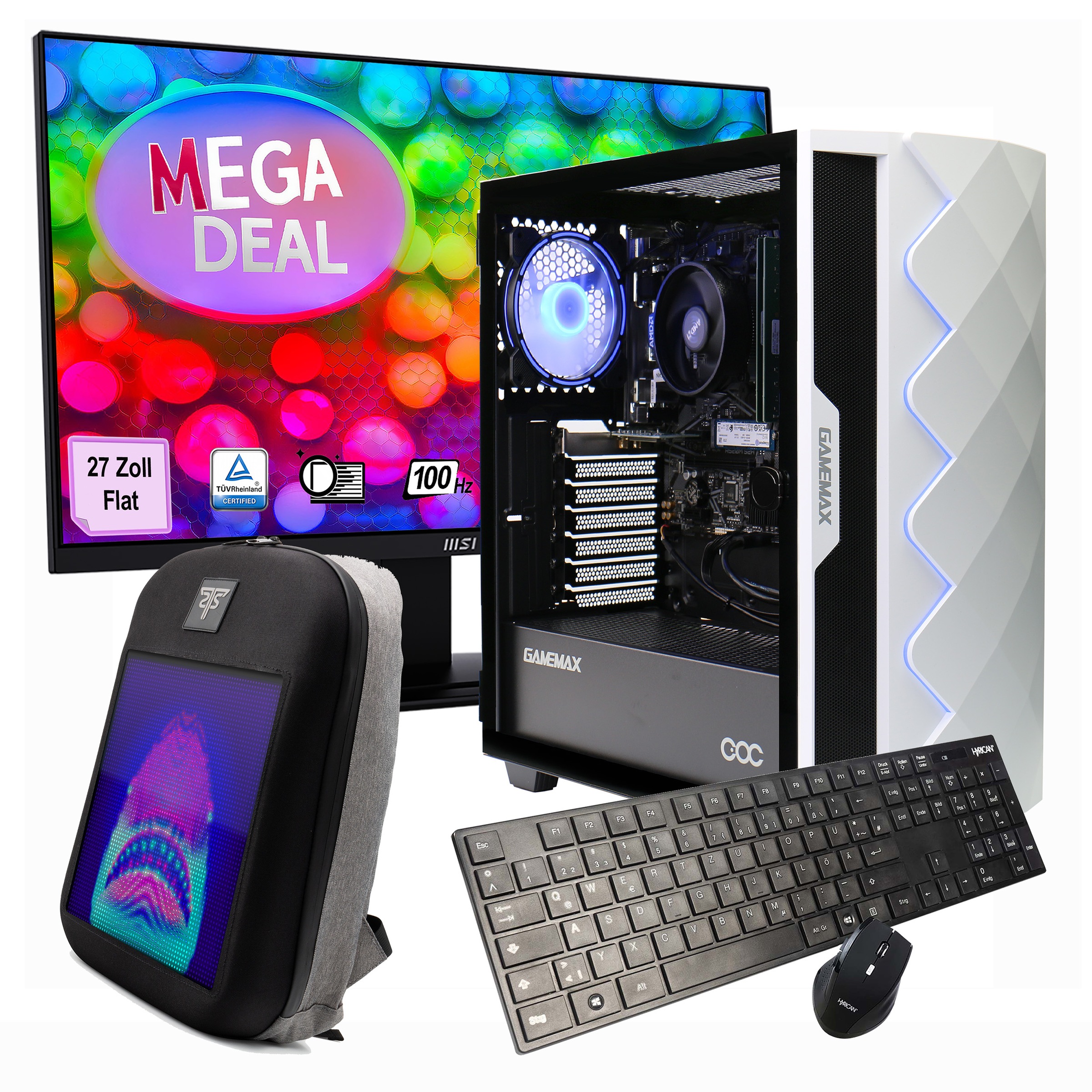 GAMEMAX PC-Komplettsystem »MegaDeal Diamond WT SET2594«, (inkl. Maus, Tastatur & Rucksack), Windows 11 + MSI PRO MP273A Monitor, 69cm (27)
