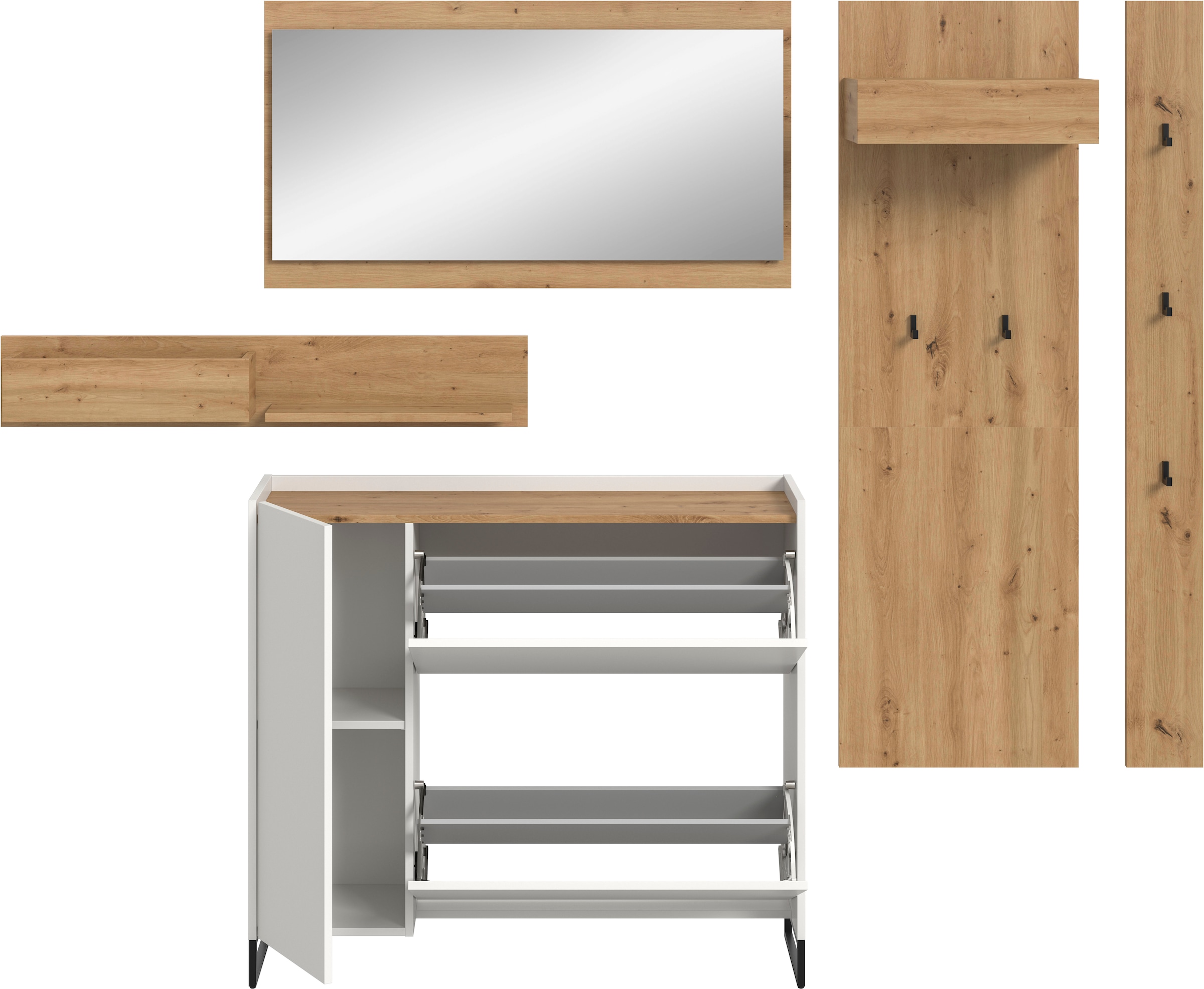 INOSIGN Garderoben-Set »EVRID, 5-teilig, Breite 236 cm, individuell stellbar & erweiterbar« best. aus: Wandboard, Kommode, Spiegel, Garderobenpaneel, Hakenleiste, 5 Stk. tlg.