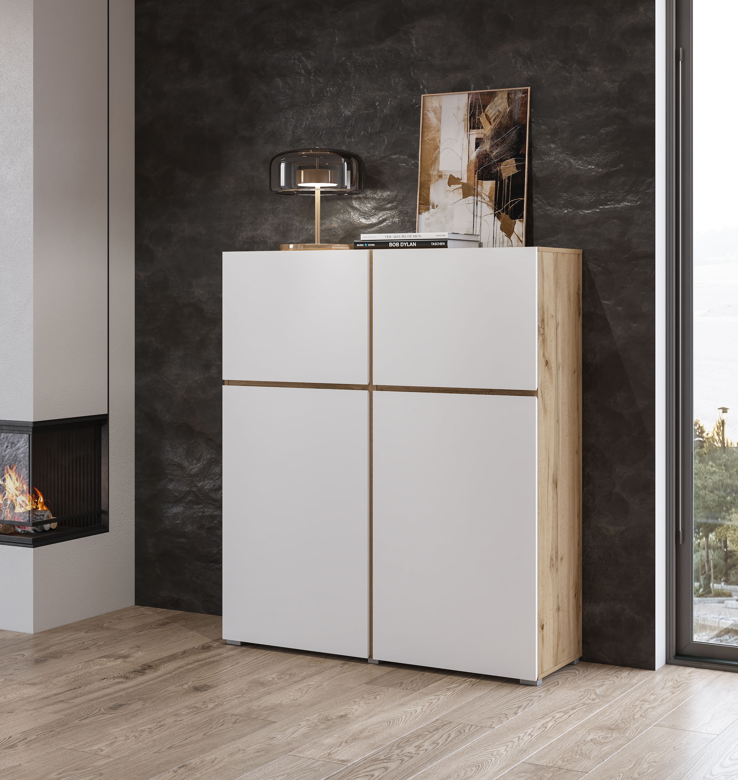 INOSIGN Highboard »Cross, moderne grifflose Hochkommode mit 4 Türen,Türkommode«, Hochschrank, Höhe 139 cm mit viel Stauraum, Einlegeböden verstellbar