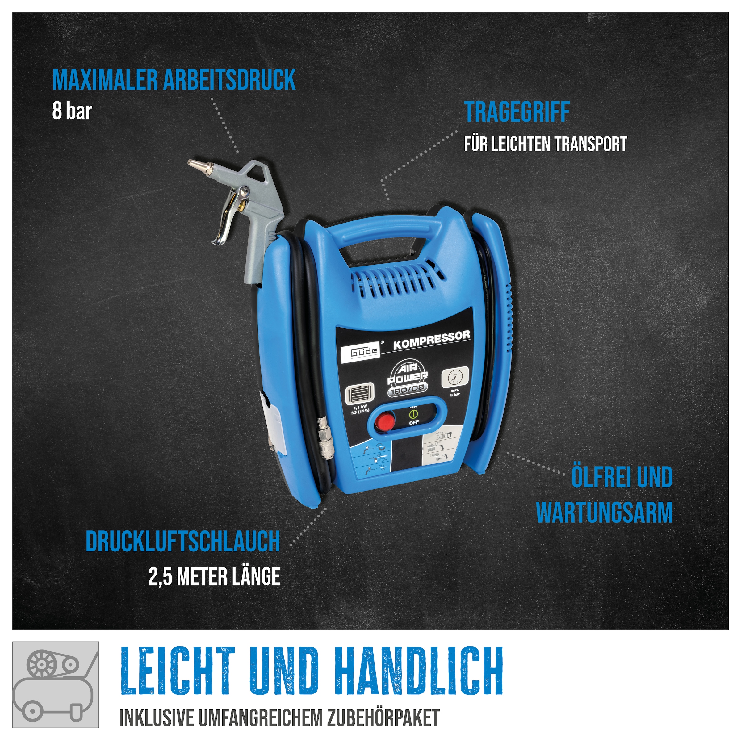 Güde Kompressor »Airpower 180/08«, (6 tlg.), leichter & handlicher Kompressor inkl. umfangreichem Zubehörpaket