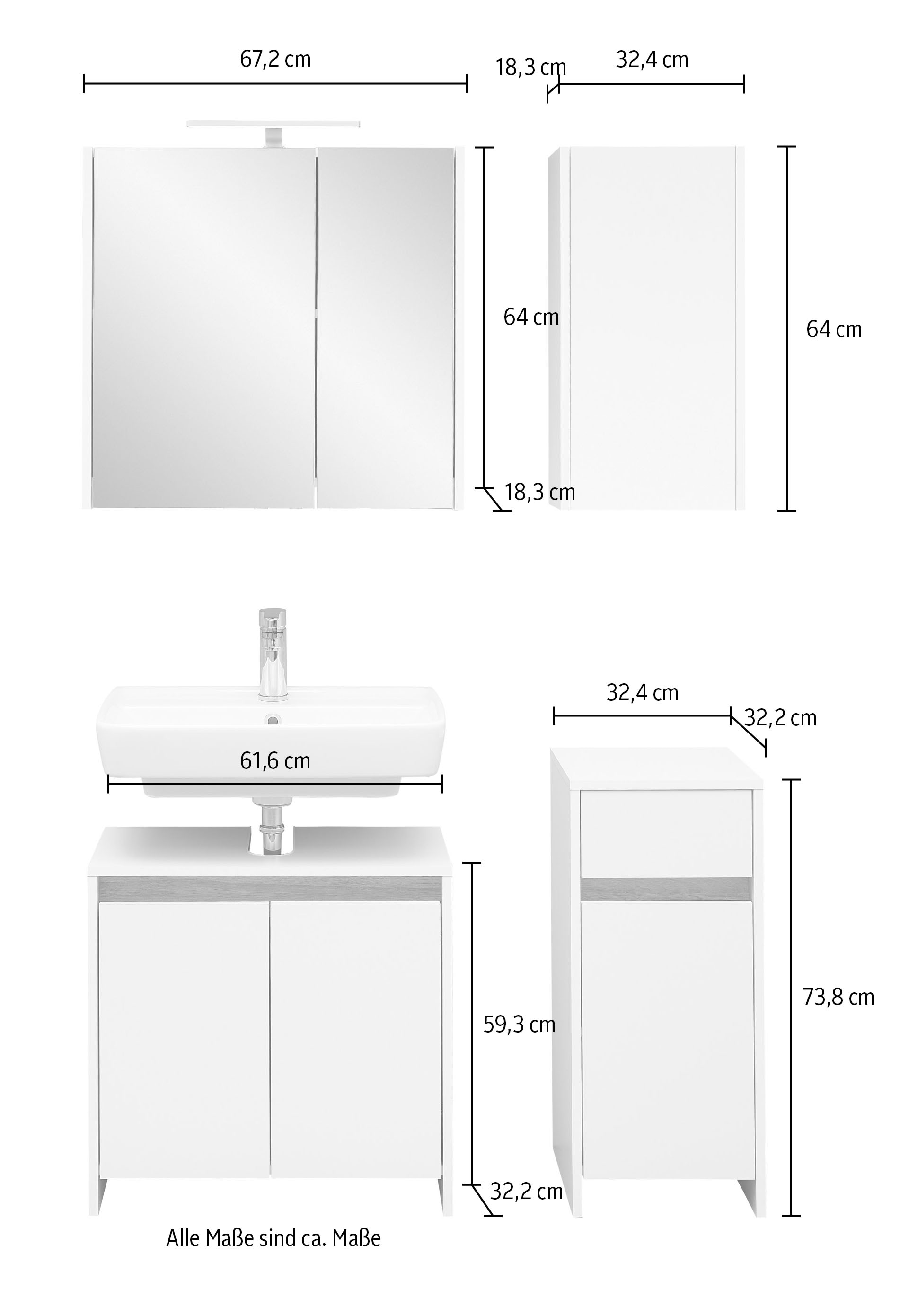 Saphir Badmöbel-Set »Quickset 100, Waschbeckenunterschrank mit Spiegelschrank«, (4 St.), Badezimmer-Set mit Unterschrank und Hängeschrank Perl-Weiß