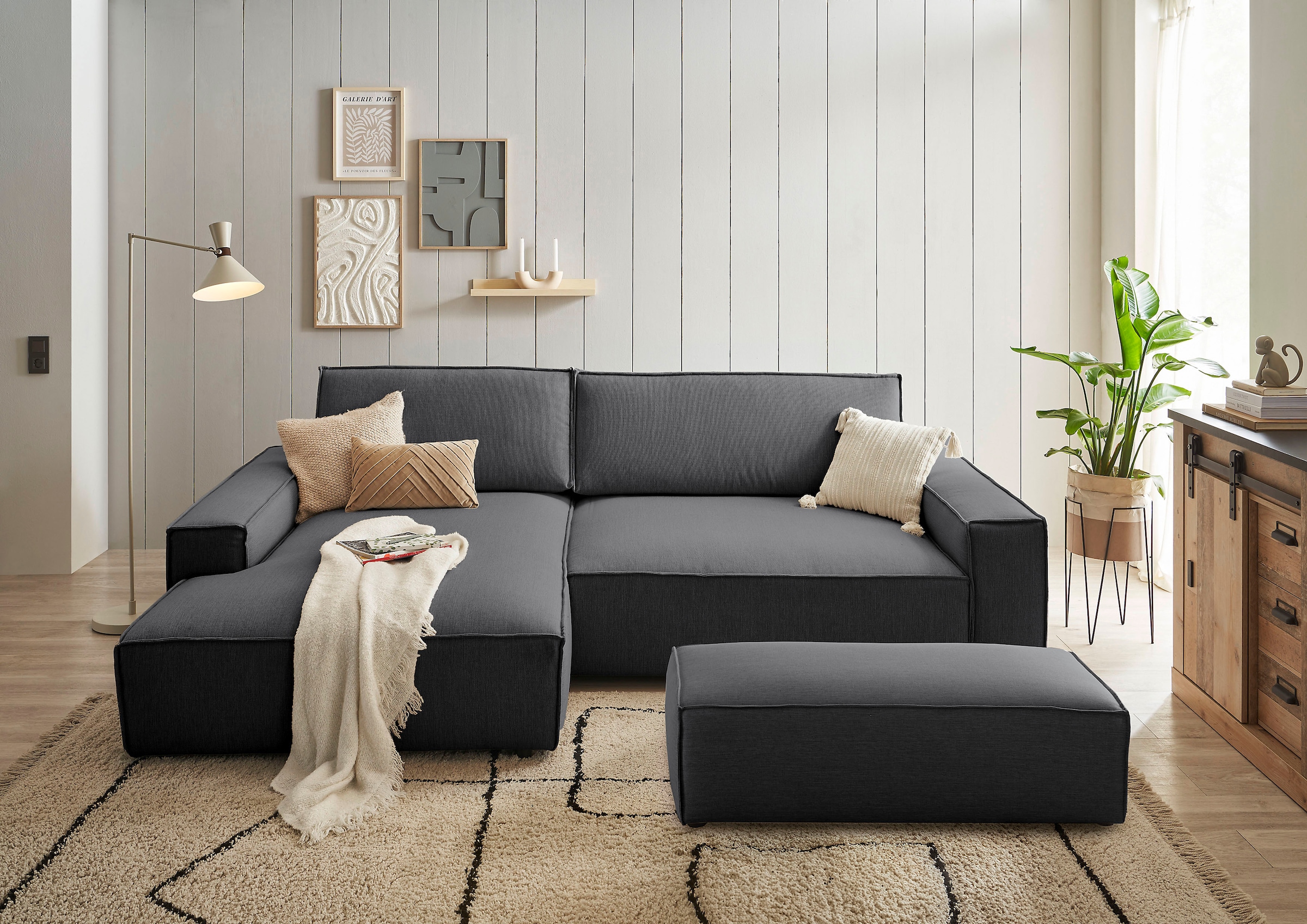 Home affaire Polsterecke »NEU: SHERWOOD XXL tief, L-Form mit Schlaffunktion, Big-Sofa mit Hocker«, (Set, 2 St.), stellbar zum Schlafsofa (Krokodilverbinder), Cord, Leinenoptik