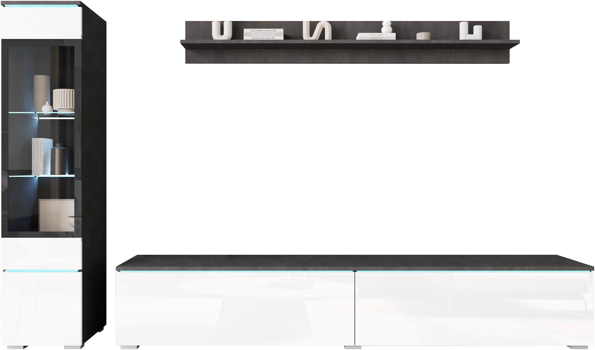 INOSIGN Wohnwand »VERA I«, (Komplett-Set, 3 St.), Vitrine mit Verglasung, stehend und hängend, inklusive Beleuchtung
