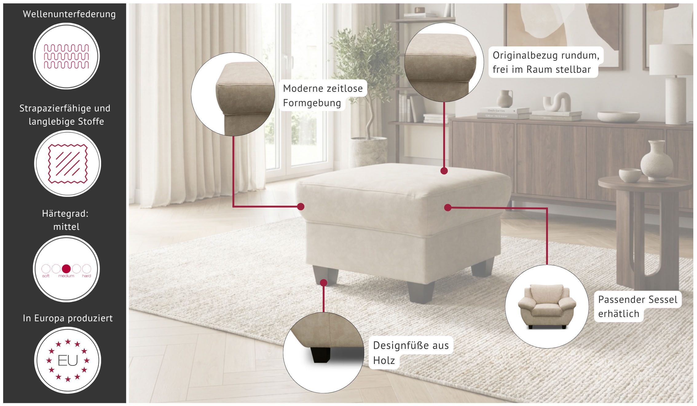 OTTO home Hocker »Silkeborg« Polsterhocker Silkeborg passend zum Sofa, Breite 59 cm
