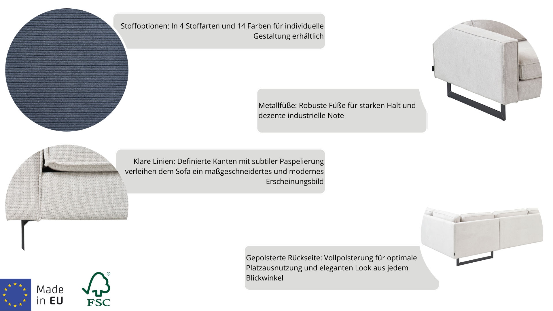 Places of Style 2-Sitzer »Pinto, 166 cm, Cord, Chenille, Lederoptik«, mit Keder, schwarze Metallfüße, Wellenunterfederung