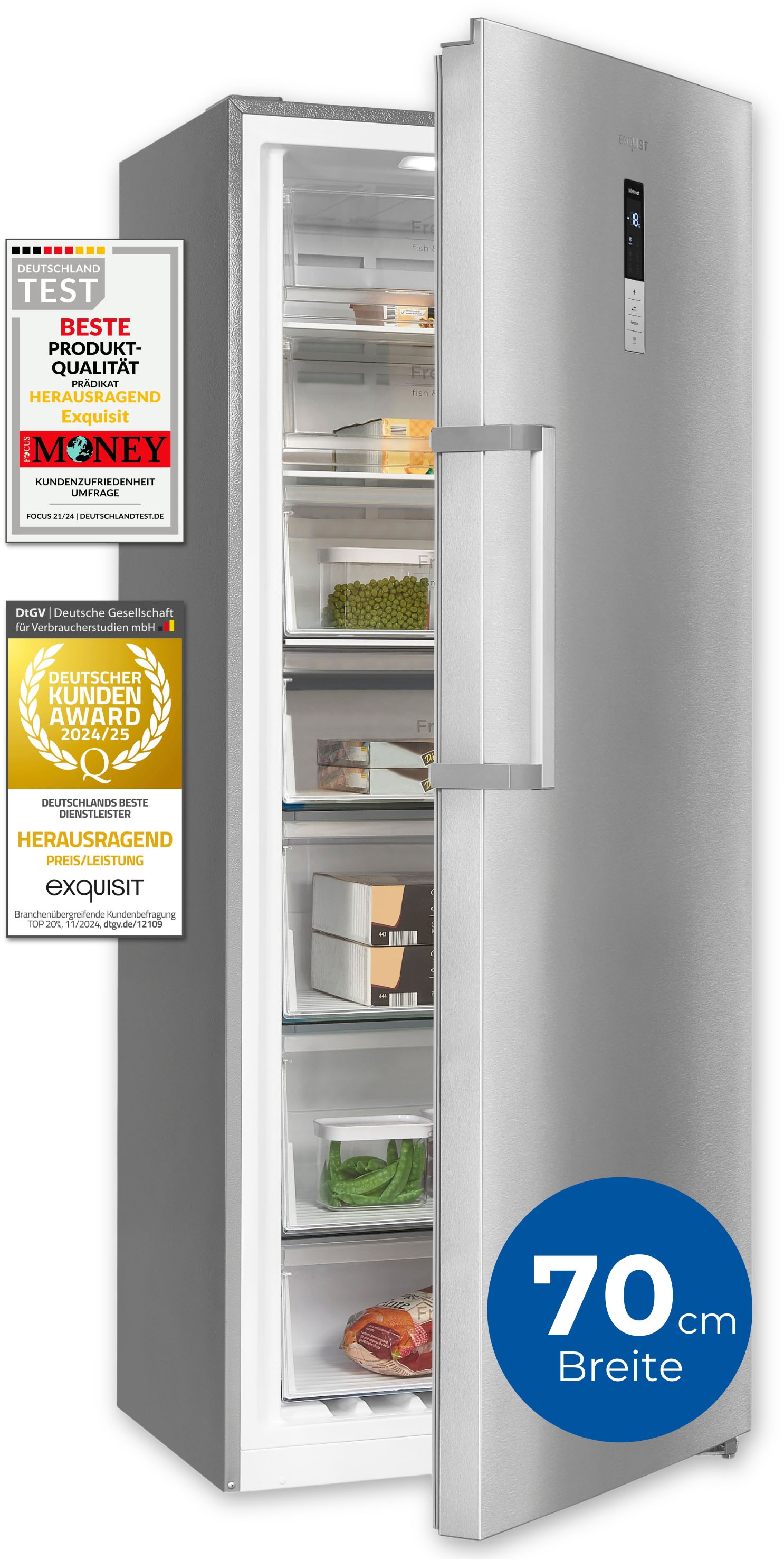 exquisit Gefrierschrank »GS380-NF-H-050E inoxlook«, 185,5 cm hoch, 71 cm breit, Türanschlag wechselbar