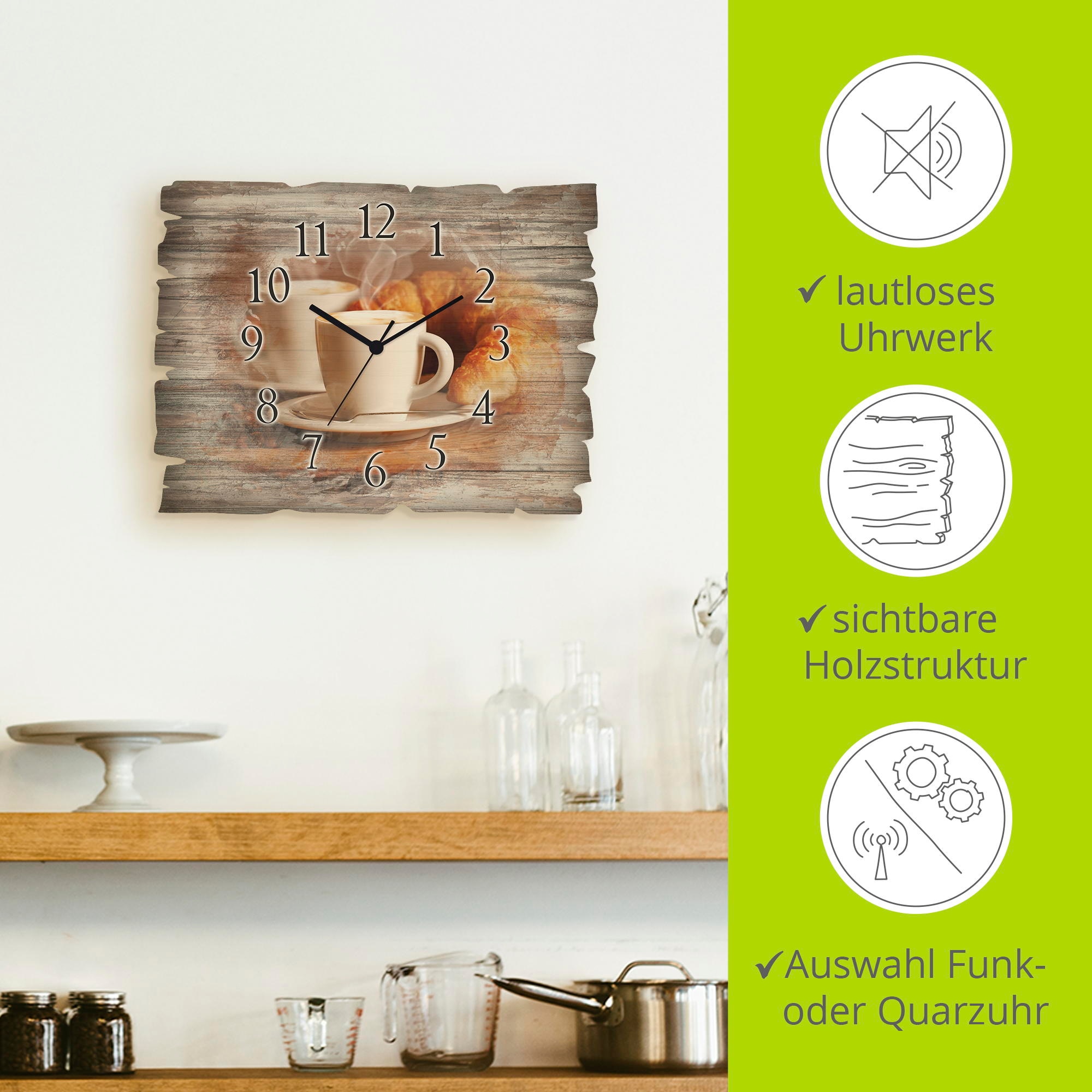 Artland Wanduhr »Dampfender Cappuccino und Croissant« wahlweise mit Quarz- oder Funkuhrwerk, lautlos ohne Tickgeräusche