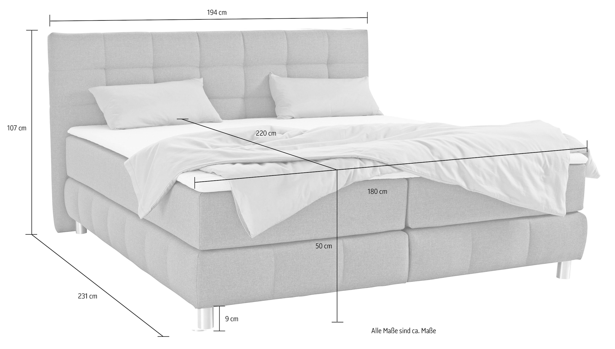 andas Boxspringbett »Salo XXL«, in Samtoptik oder Struktur, 6 Breiten in Überlänge 220cm, 4 Härtegrade