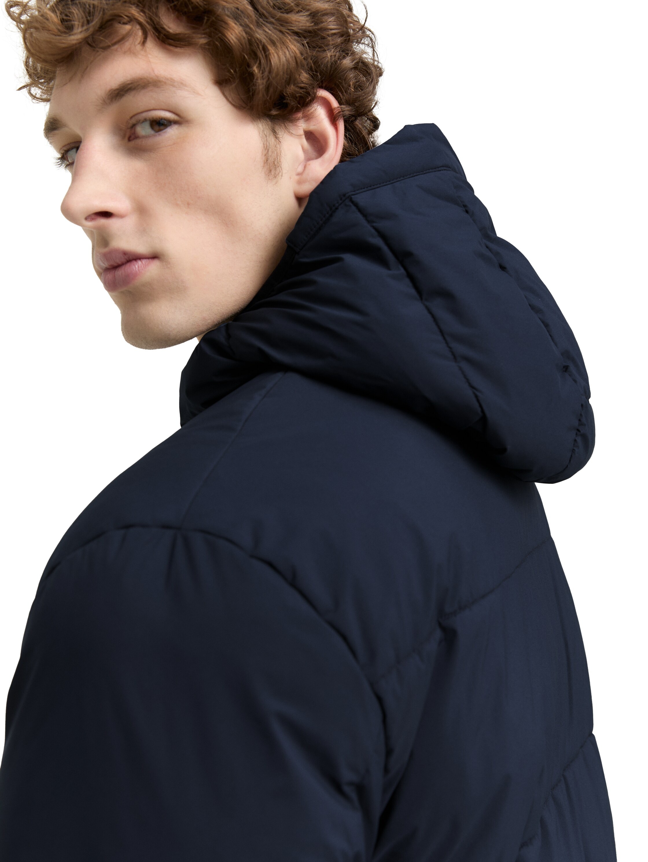 TOM TAILOR Denim Steppjacke, mit Kapuze, mit Logo Print