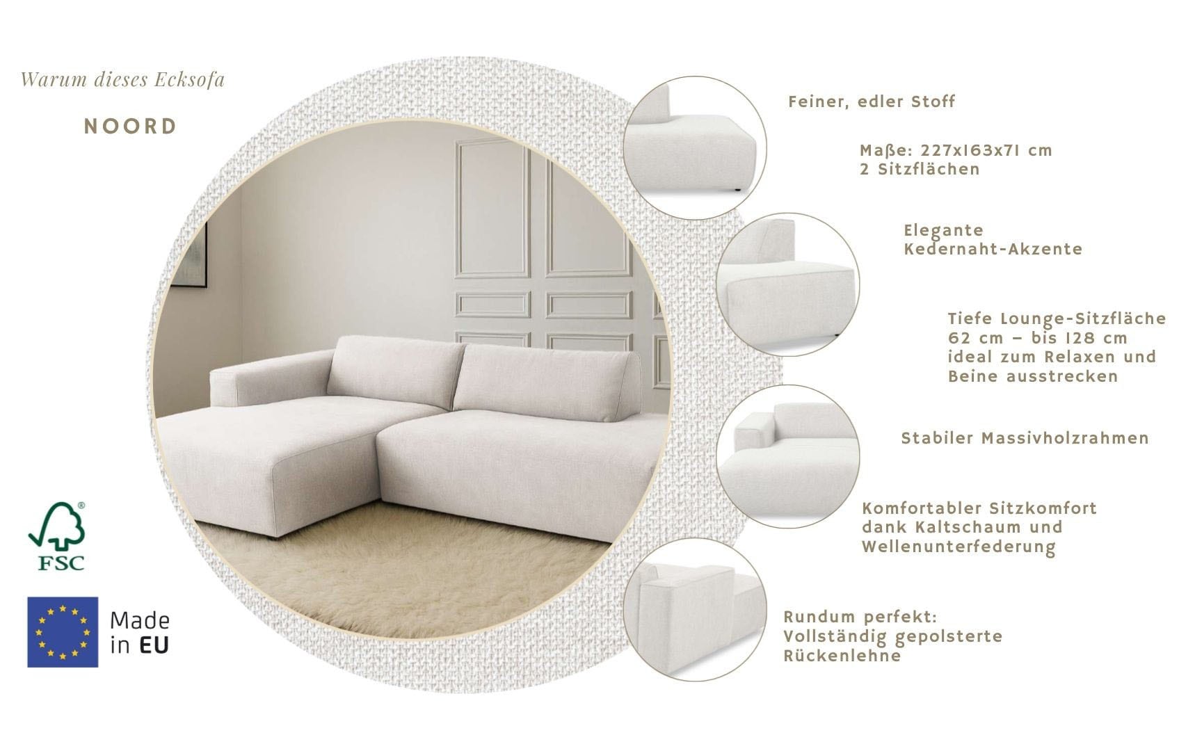 Home affaire Ecksofa »Noord mit Kedernaht, Breite 227 cm, L-Form« Cord, Struktur, Webstoff, mit Wellenunterfederung, Massivholzrahmen