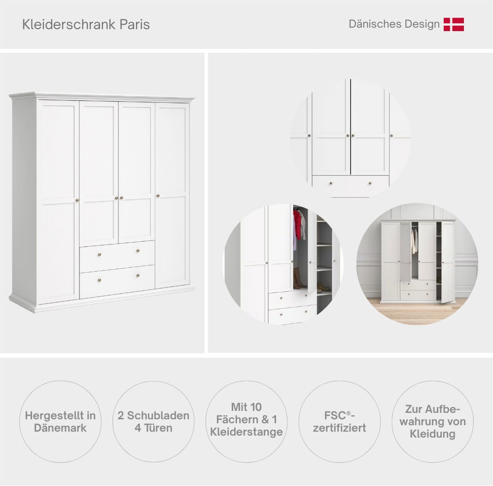 Home affaire Kleiderschrank »Paris, Aufbewahrung Kasten Schrank Stauraum, mit Griffen, Landhausstil« mit 4 Türen, 11 Facher, Kleiderstange, 2 Schubladen, Breite 181 cm