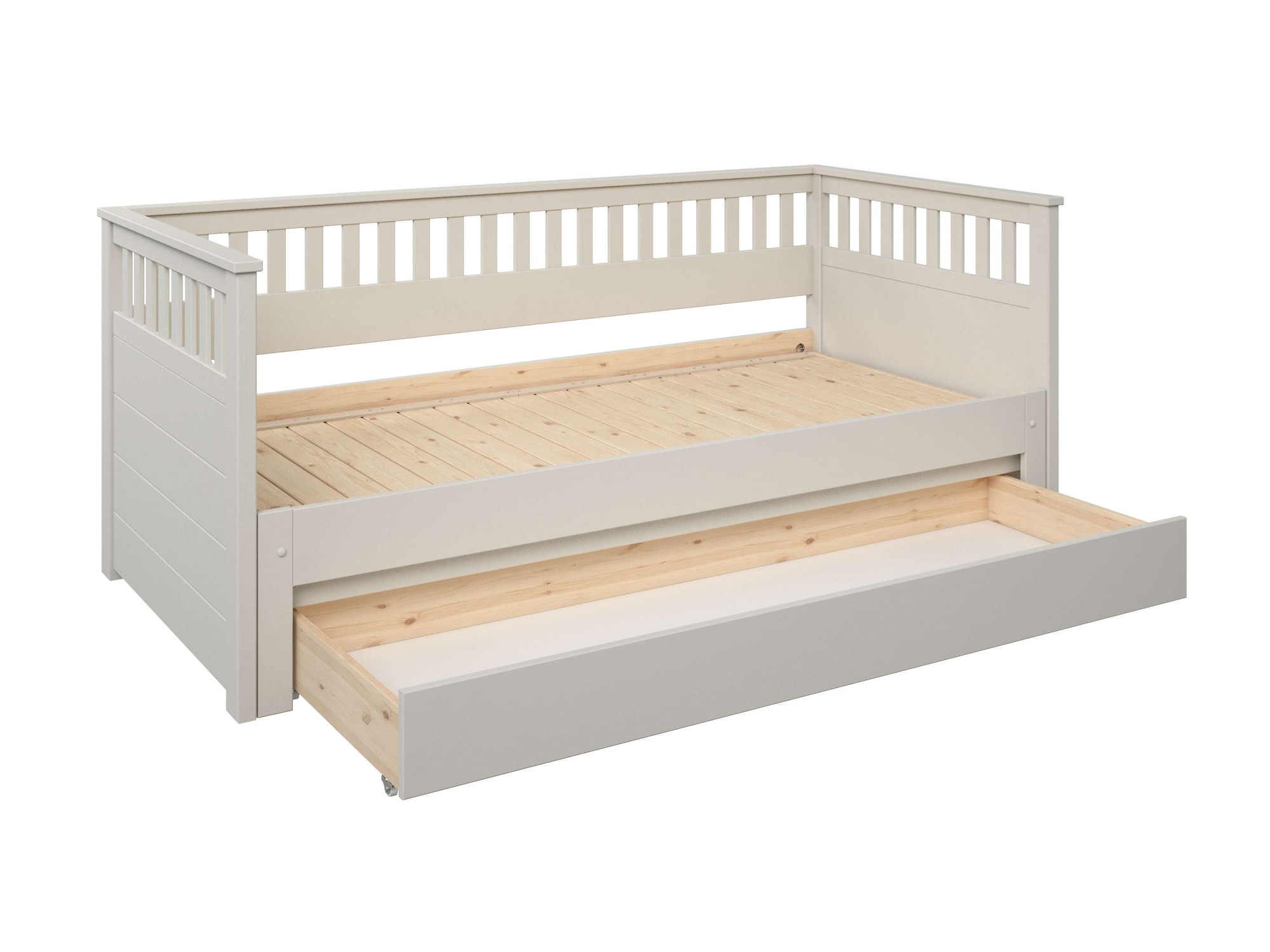 OTTO home Daybett »Morrick, ausziehbar, 2 Schlafplätze + Schublade, Cashmere Beige« massive Kiefer, schöne Sprossenoptik, Stauraum, Skandi Look