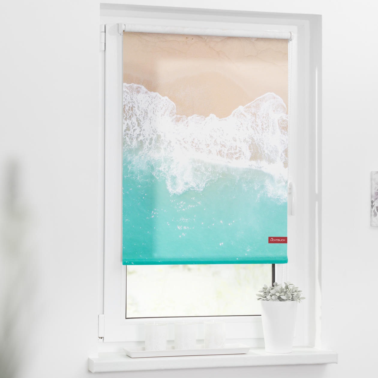 LICHTBLICK ORIGINAL Seitenzugrollo »Rollo Klemmfix, ohne Bohren, Verdunkelung, The Beach - Türkis Beige«, verdunkelnd, Verdunkelung, freihängend