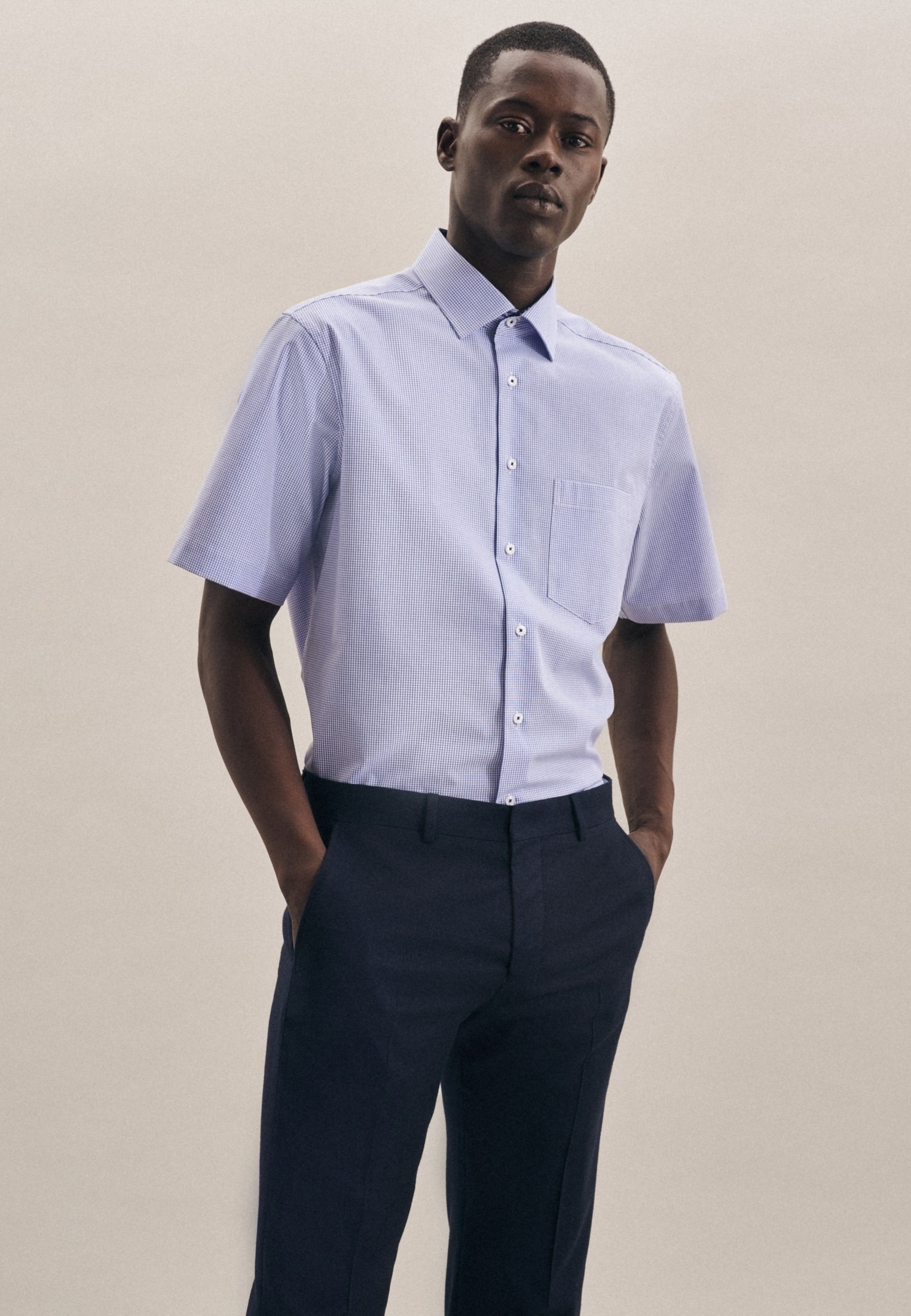 Seidensticker Herren Businesshemd »Regular« Regular Kurzarm Kentkragen Karo in blau, Größe S38