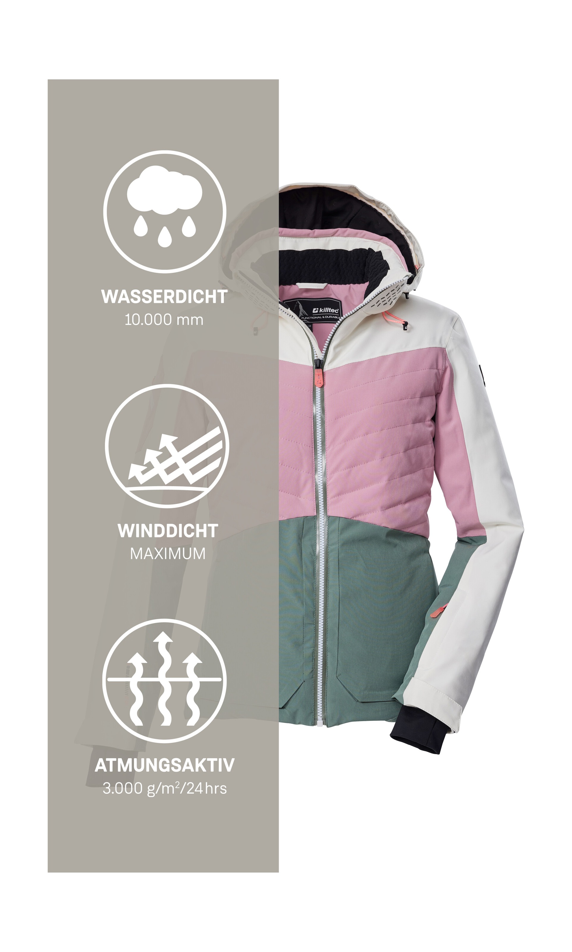 Killtec Skijacke »KSW 30 WMN SKI JCKT«, Damen Skijacke: wasserdicht, atmungsaktiv, Colourblock-Design