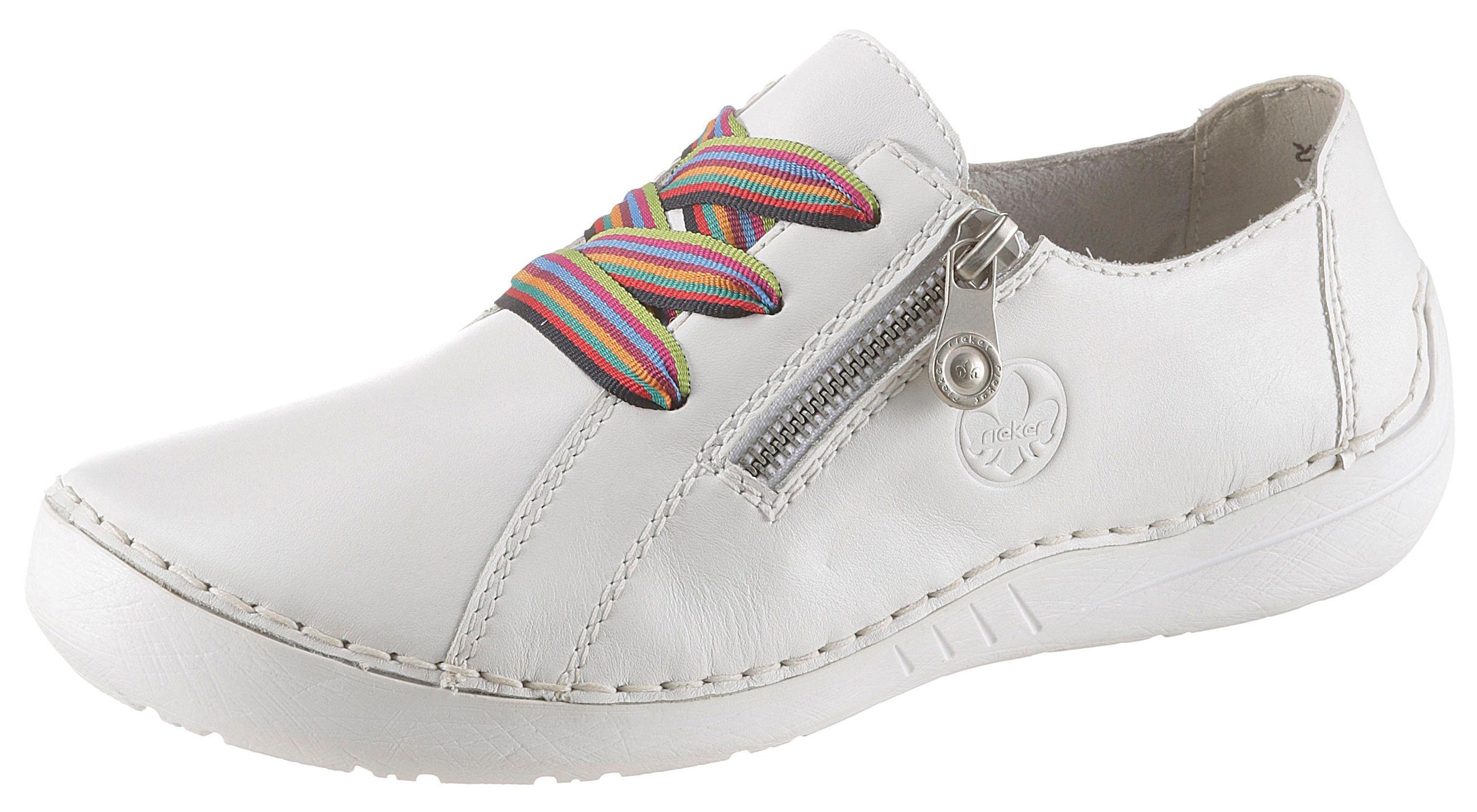 weiße Sneakers aus Leder mit seitlichem Reißverschluss und bunten Schuhbändern