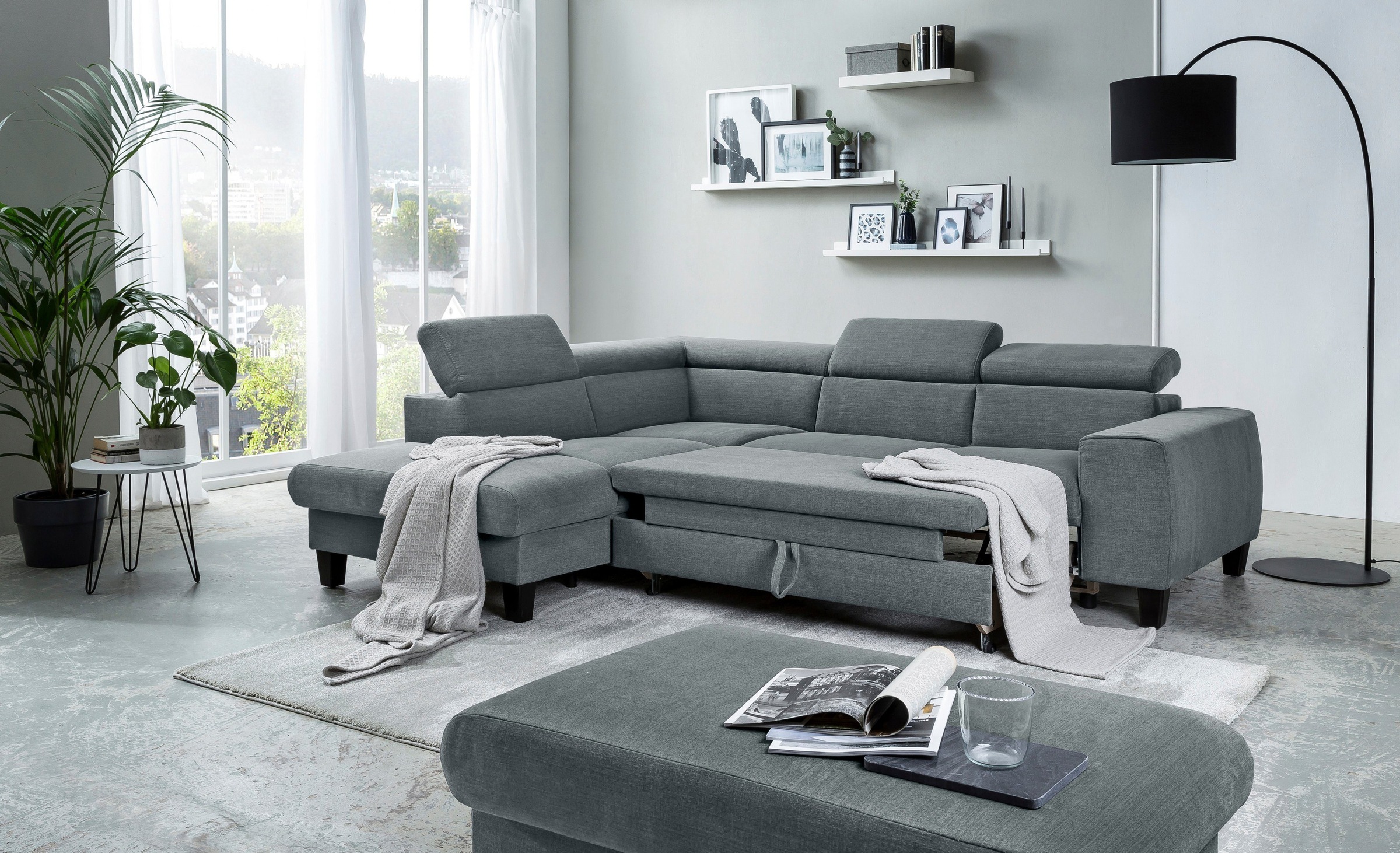 COTTA Polstergarnitur »Morven L-Form«, (Set), Set bestehend aus: Ecksofa mit Kopfteilverstellung & Hocker