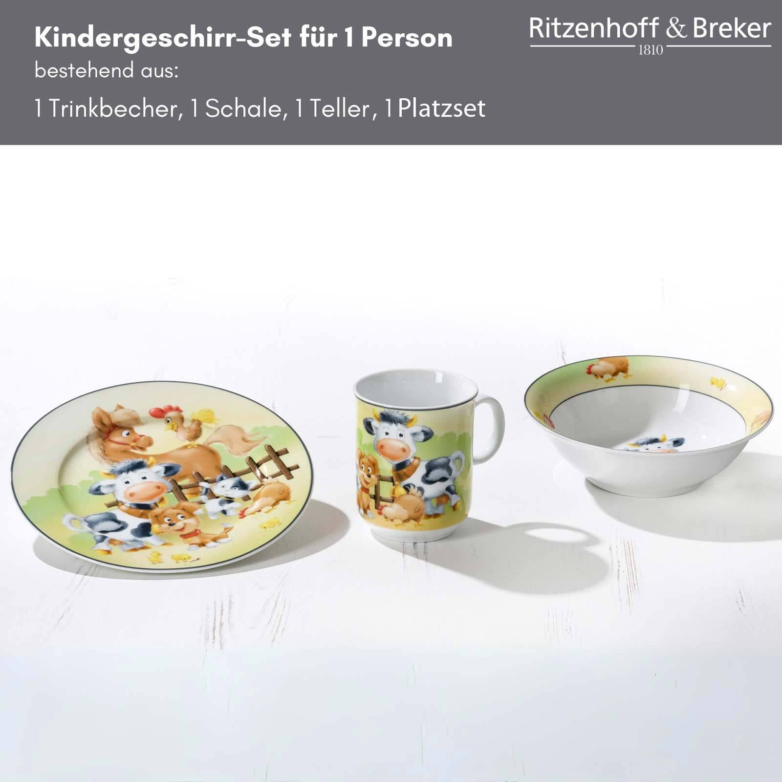 Ritzenhoff & Breker Kindergeschirr-Set »Kindergeschirr mit Platzset Hoftiere bunt« Spülmaschinengeeignet